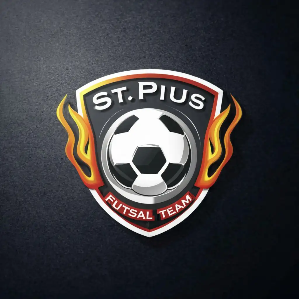 a logo design,with the text "ST PIUS FUTSAL TEAM", main symbol:BALL, SHIELD,FIRE,Moderate,be used in Sports Fitness industry,clear background