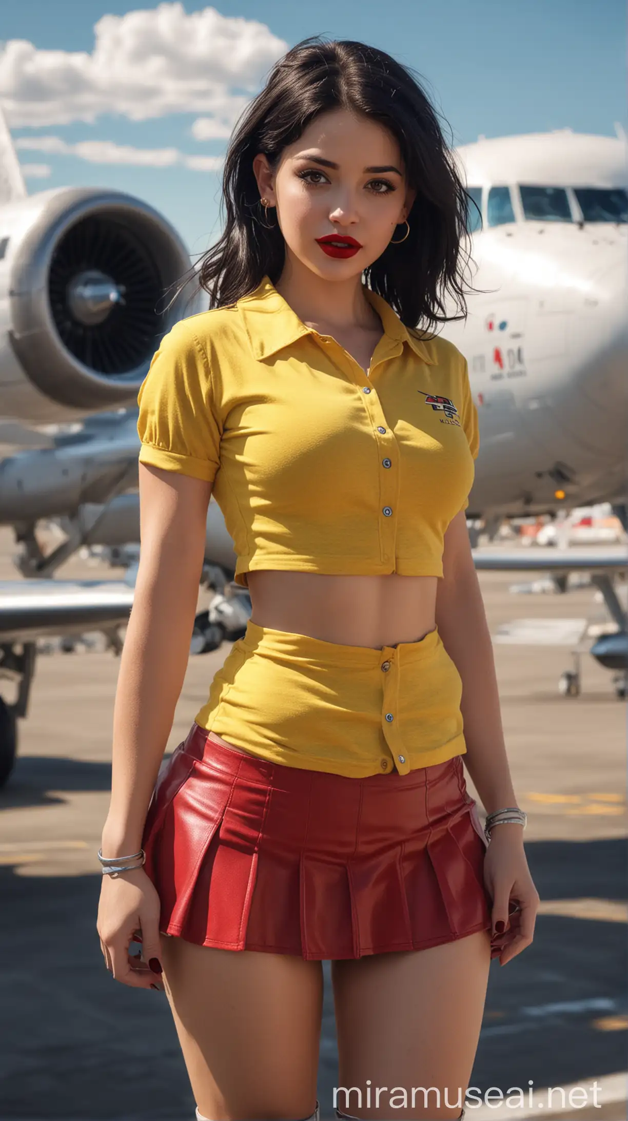 4k Ai art front view beautiful USA girl black hair red lipstick nose ring ear tops yellow shirt and mini skirt and big round tits in usa airplane runway