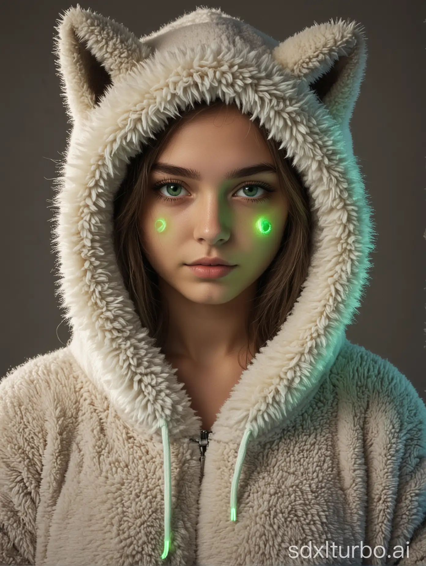 teenager, fur-trim-hoodie, green-glowing eyes, fluffy-fleece