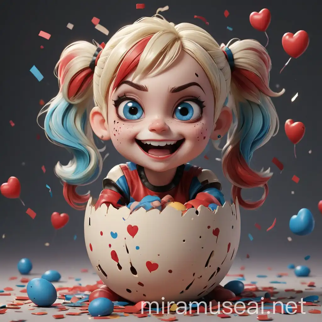 Chibi Baby Harley Quinn Hatching from Egg with Cracked Shell and Giant Mallet