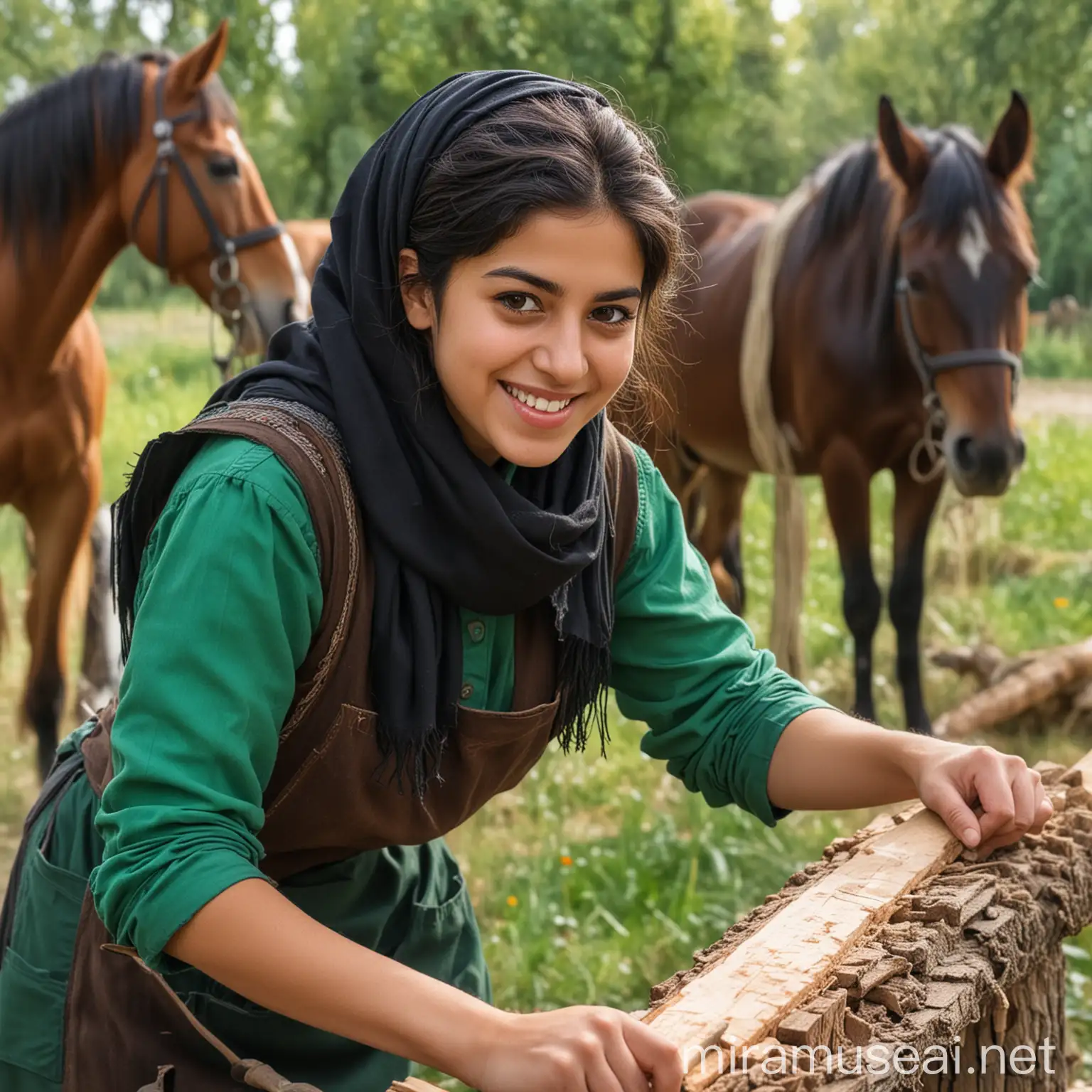 A carpenter girl with an Iranian face wearing a black scarf and a green apron is cutting a piece of wood with a saw in the nature, looking at the camera with a smile, and a horse is grazing in the background.