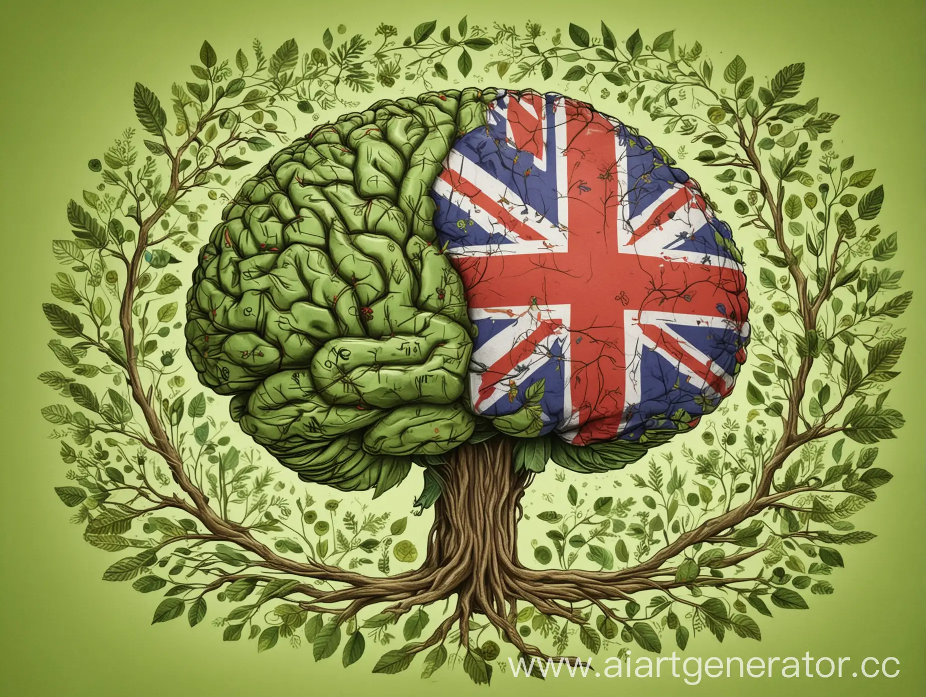 Draw a colorful brain in shades of lime green with a circular image of the British flag in the background in the middle and branches with arrows from the brain. Punctuation marks and names of tenses in English are scattered across the background. Color scheme - 