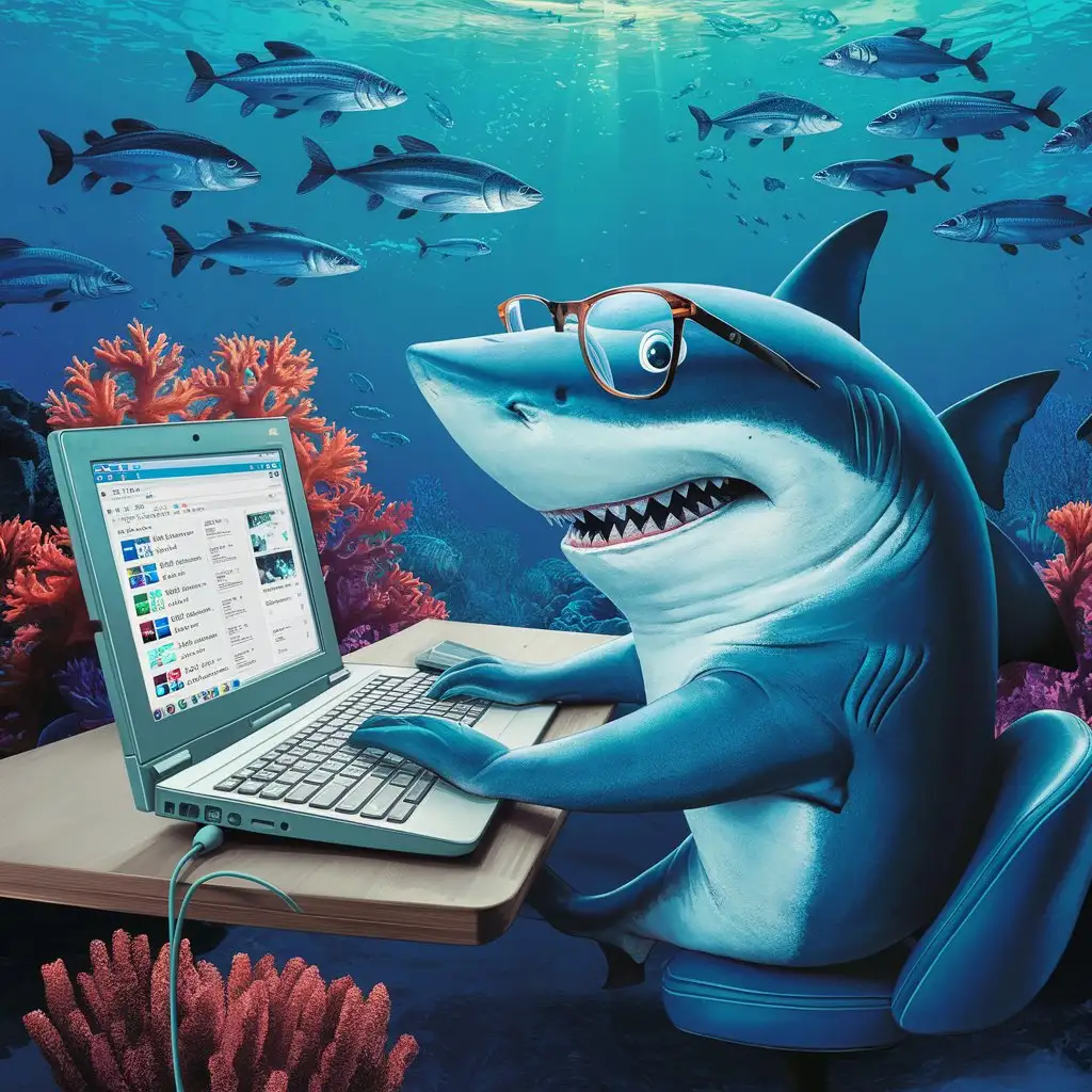 Shark-Using-Computer-for-Online-Research-and-Work