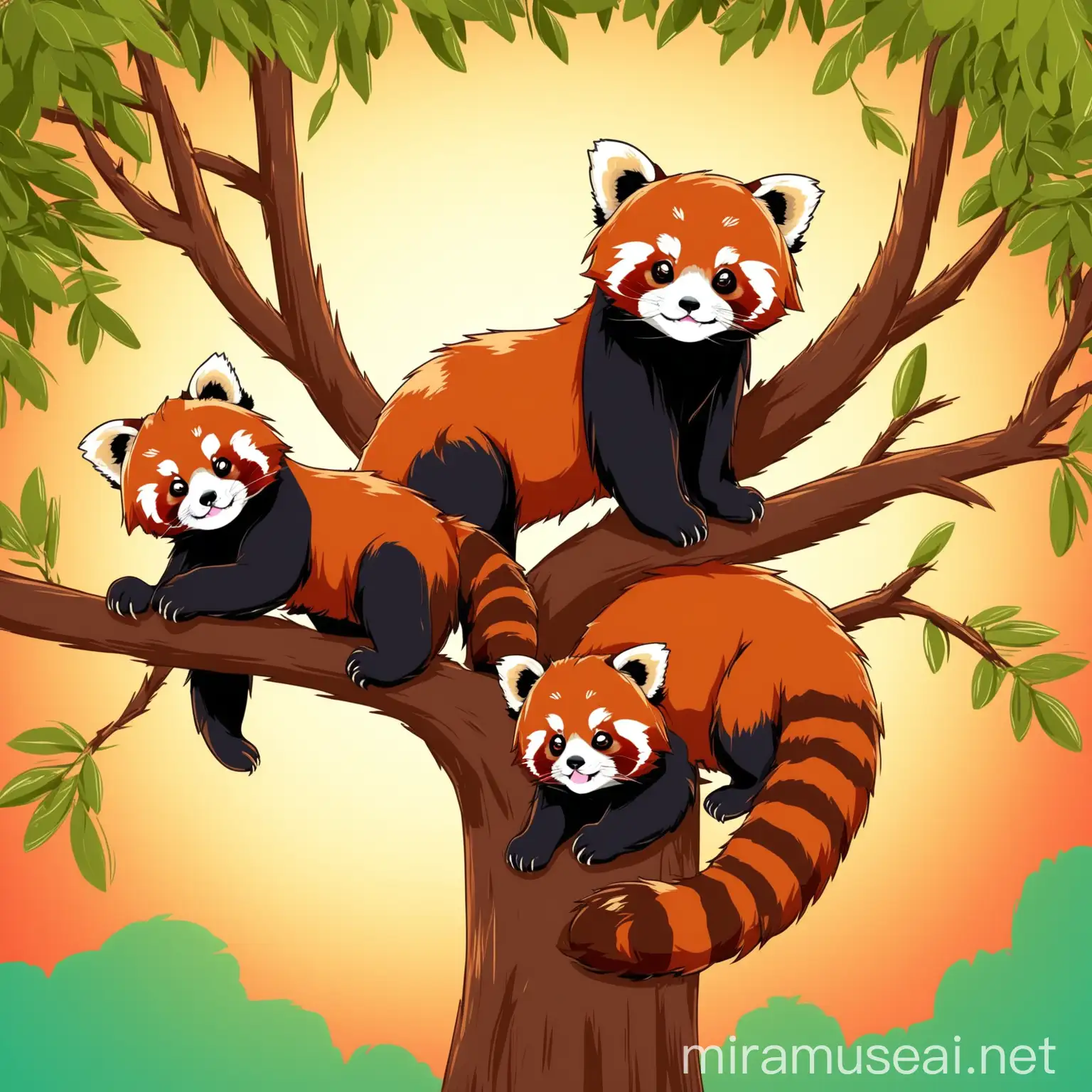 Adorable Red Panda and Cubs Climbing Tree in Vibrant MultiColored Setting