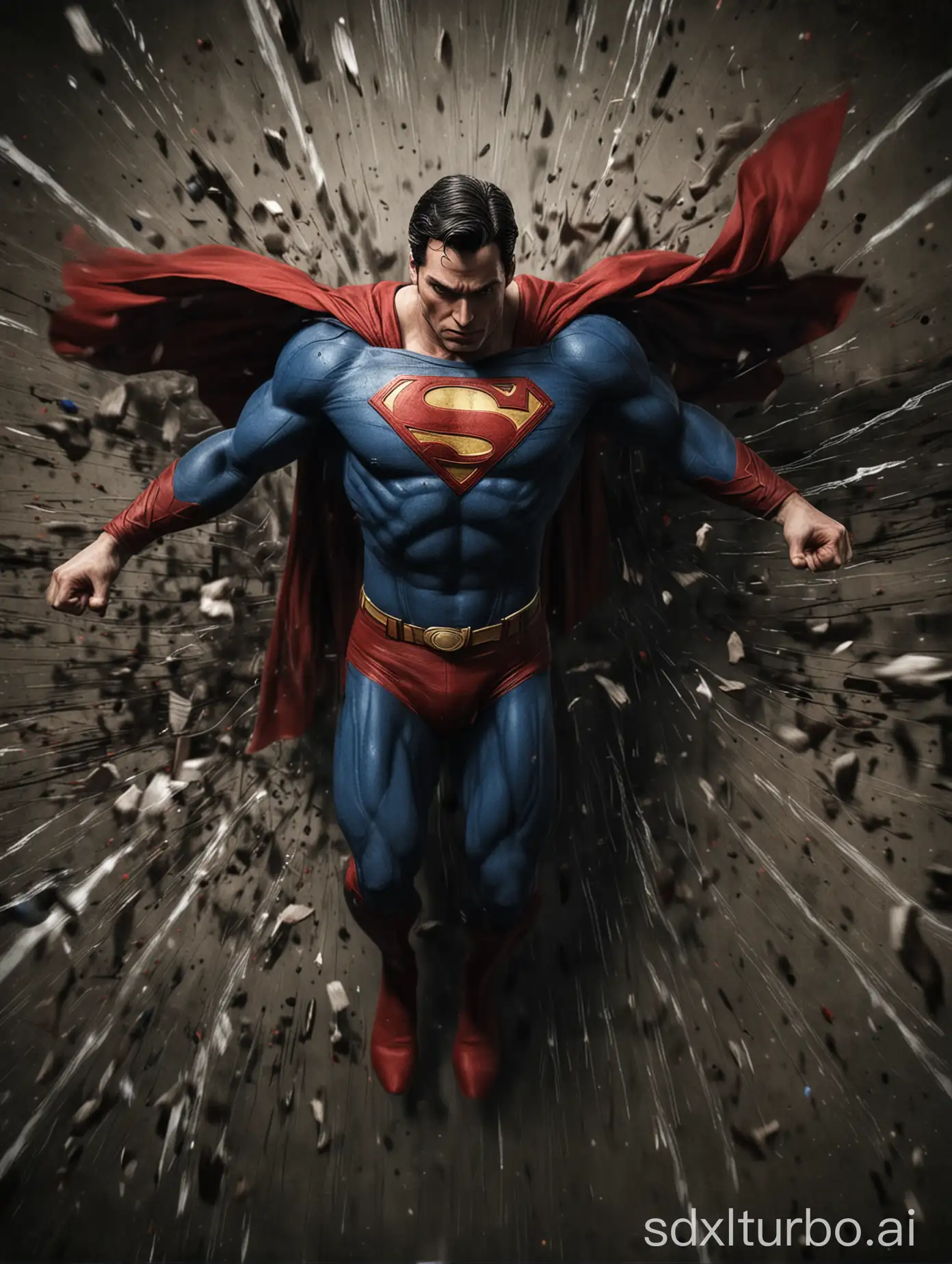 High angle with dynamic Zoom in effect+ Long Exposure effect, Superman Illustration, STAN WINSTON STYLE