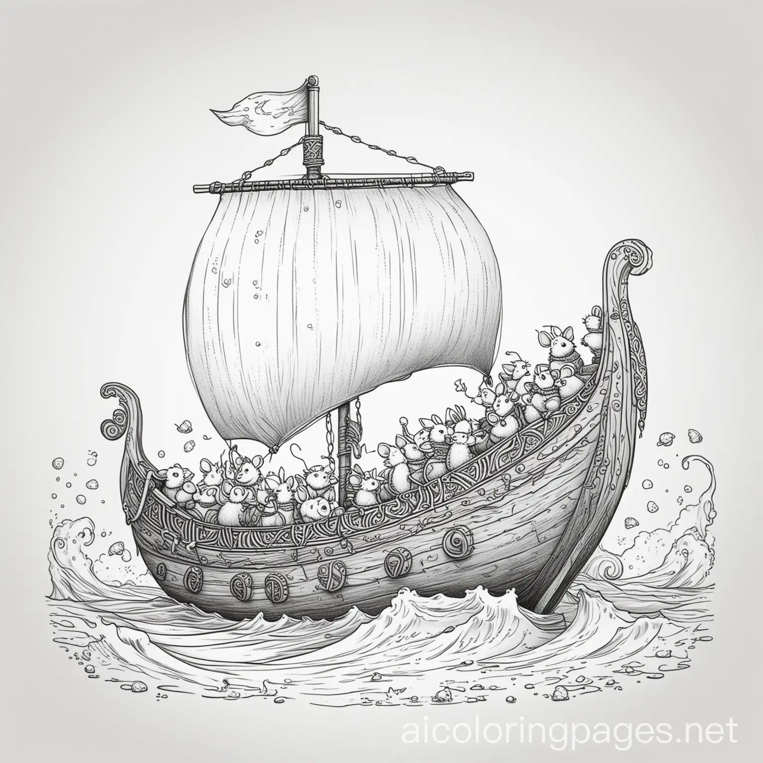 A Viking ship with tiny mice, Coloring Page, black and white, line art, white background, Simplicity, Ample White Space