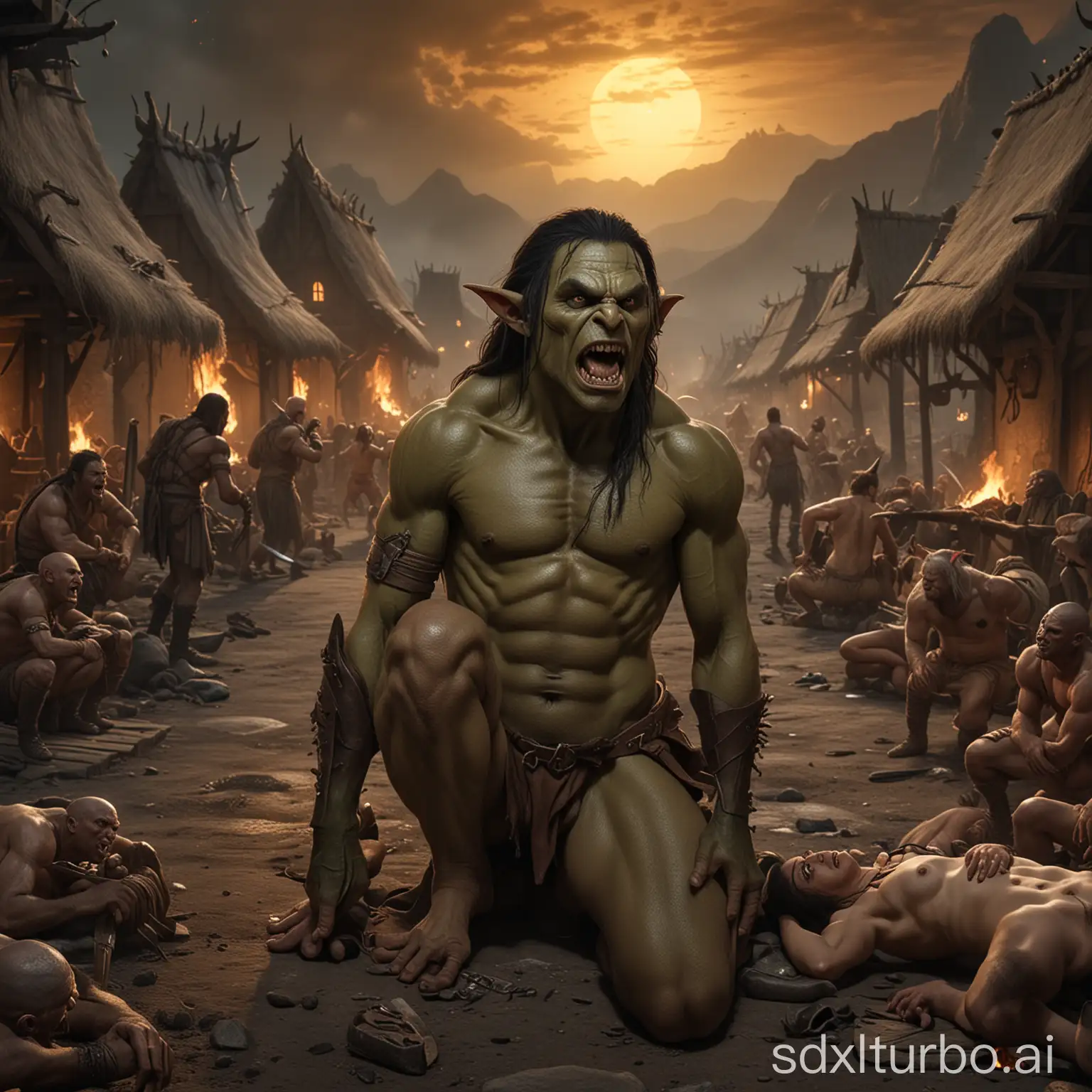 Orc-Raid-Village-Plundered-by-Fire-with-Elf-Victim