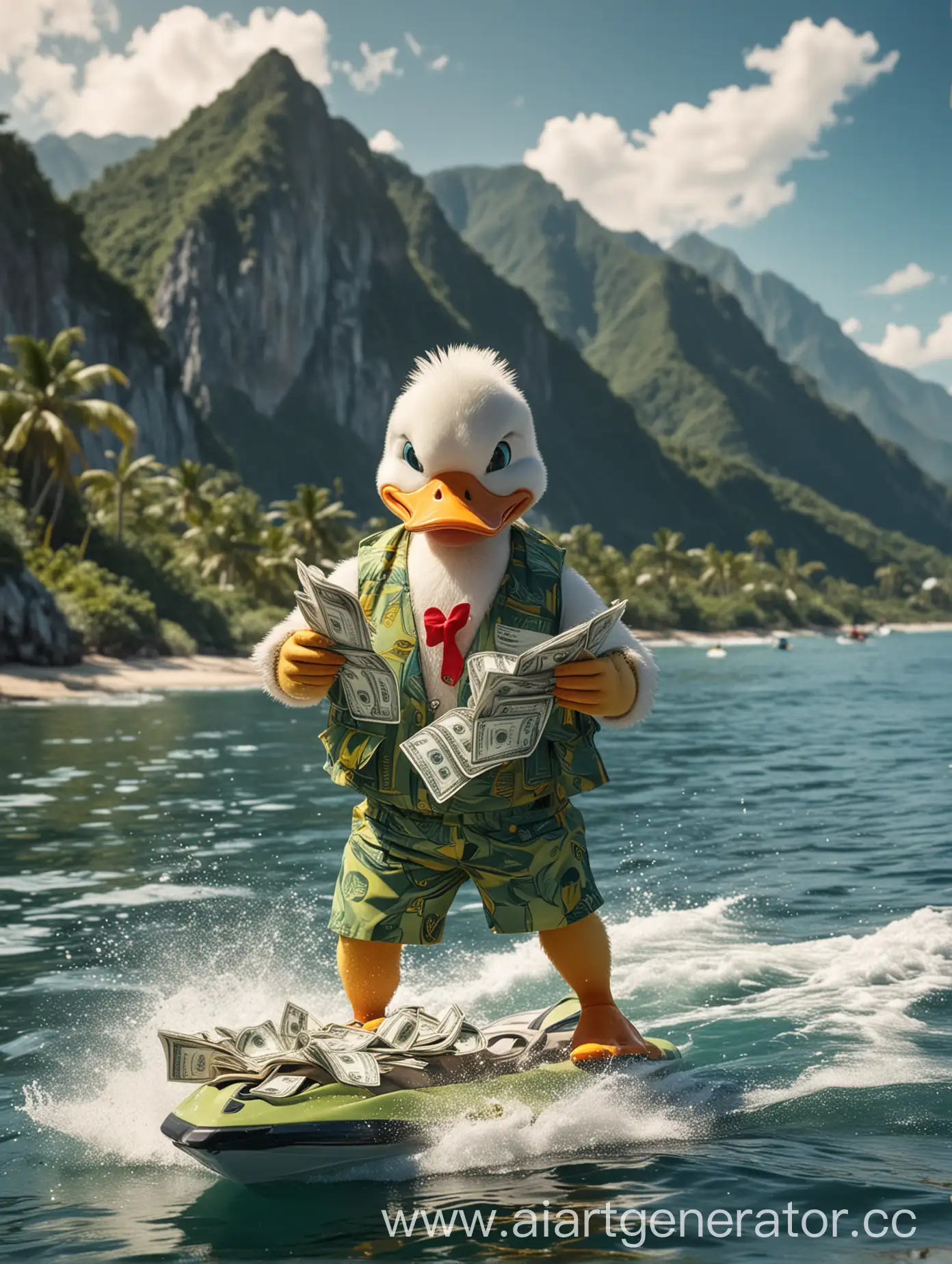 4k wallpaper as a successful donnald duck character with lots of dollars, beautiful body, without a top, sportsmen, wearing in beach shorts, siting on margin of ocean, in the background jet ski and mountains, in one hand with cocktail and another stack of dollars
