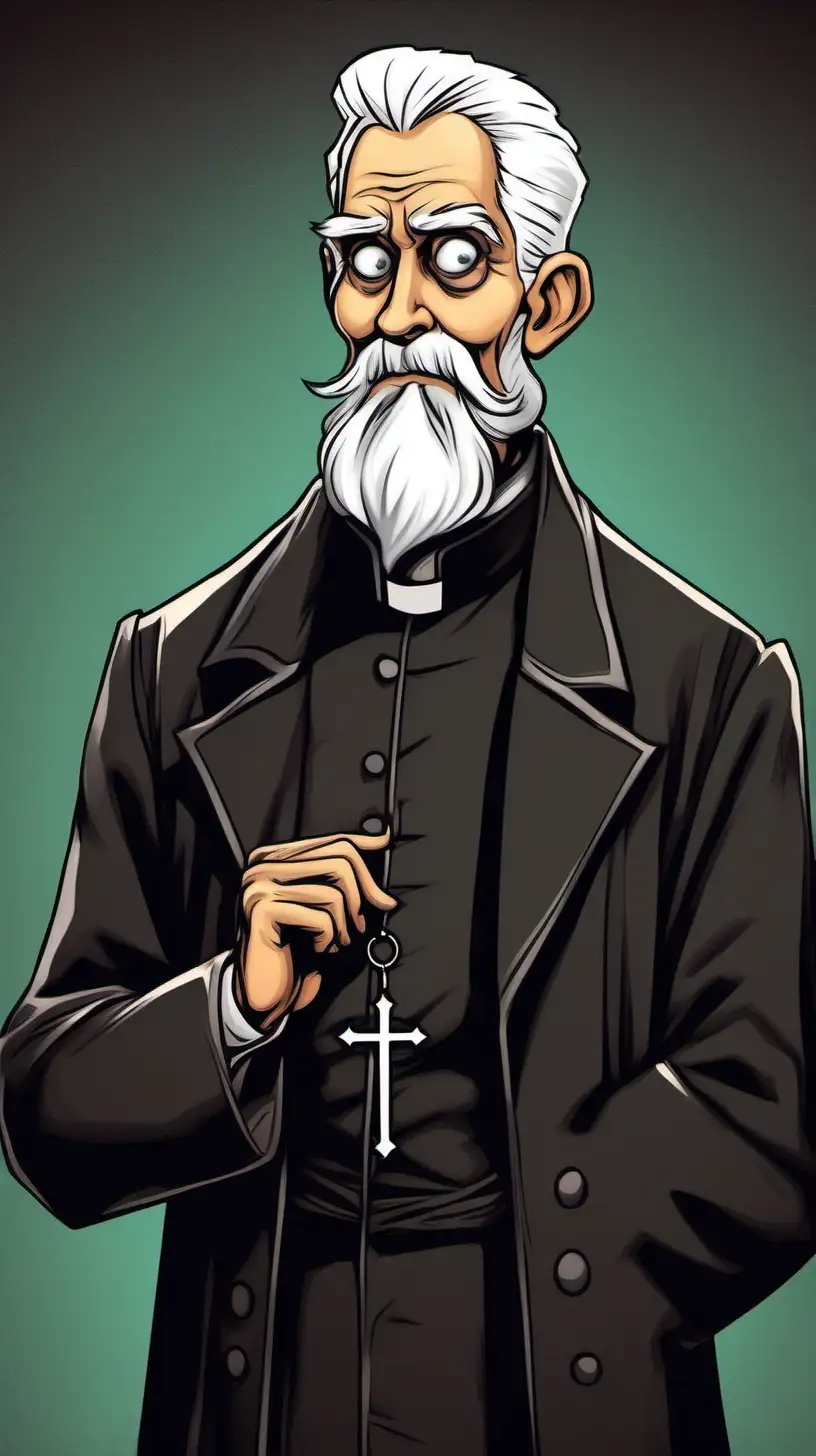 Cartoony color: 1800s  priest with   a well groomed  short  white beard and  slicked back white hair. He wears shocked look on his face