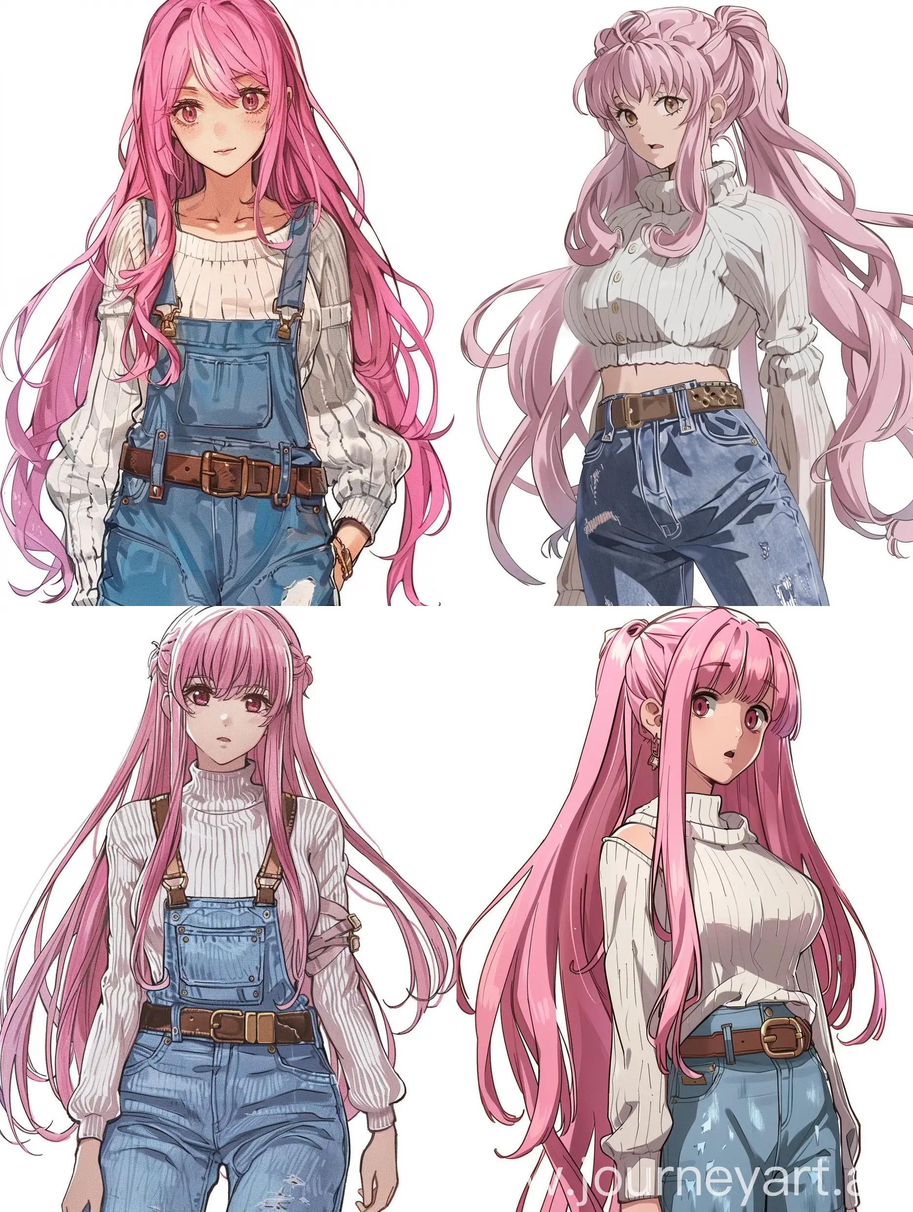 Honami ichinose with long flowing pink hair ,a pensive expression on her face,photo screenshot from light novel illustration, ((Honami ichinose)) ,,Honami ichinose from classroom of the elite light novel,, She is wearing a white knitting sweater with long sleeves , distressed denim overalls cinched at the waist with a brown belt. Her wrist is adorned with a layered sleeves, adding to her relaxed yet stylish look. The image has a light novel illustration cover like quality,Ichinose raitonoberu `yōkoso jitsuryoku shijō shugi no kyōshitsu e' no irasuto, tomose art