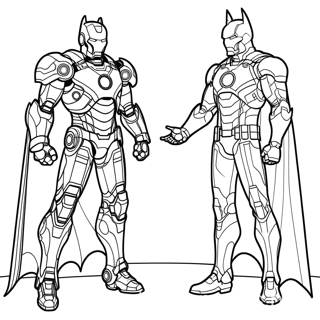 ironman meeting batman, Coloring Page, black and white, line art, white background, Simplicity, Ample White Space. The background of the coloring page is plain white to make it easy for young children to color within the lines. The outlines of all the subjects are easy to distinguish, making it simple for kids to color without too much difficulty