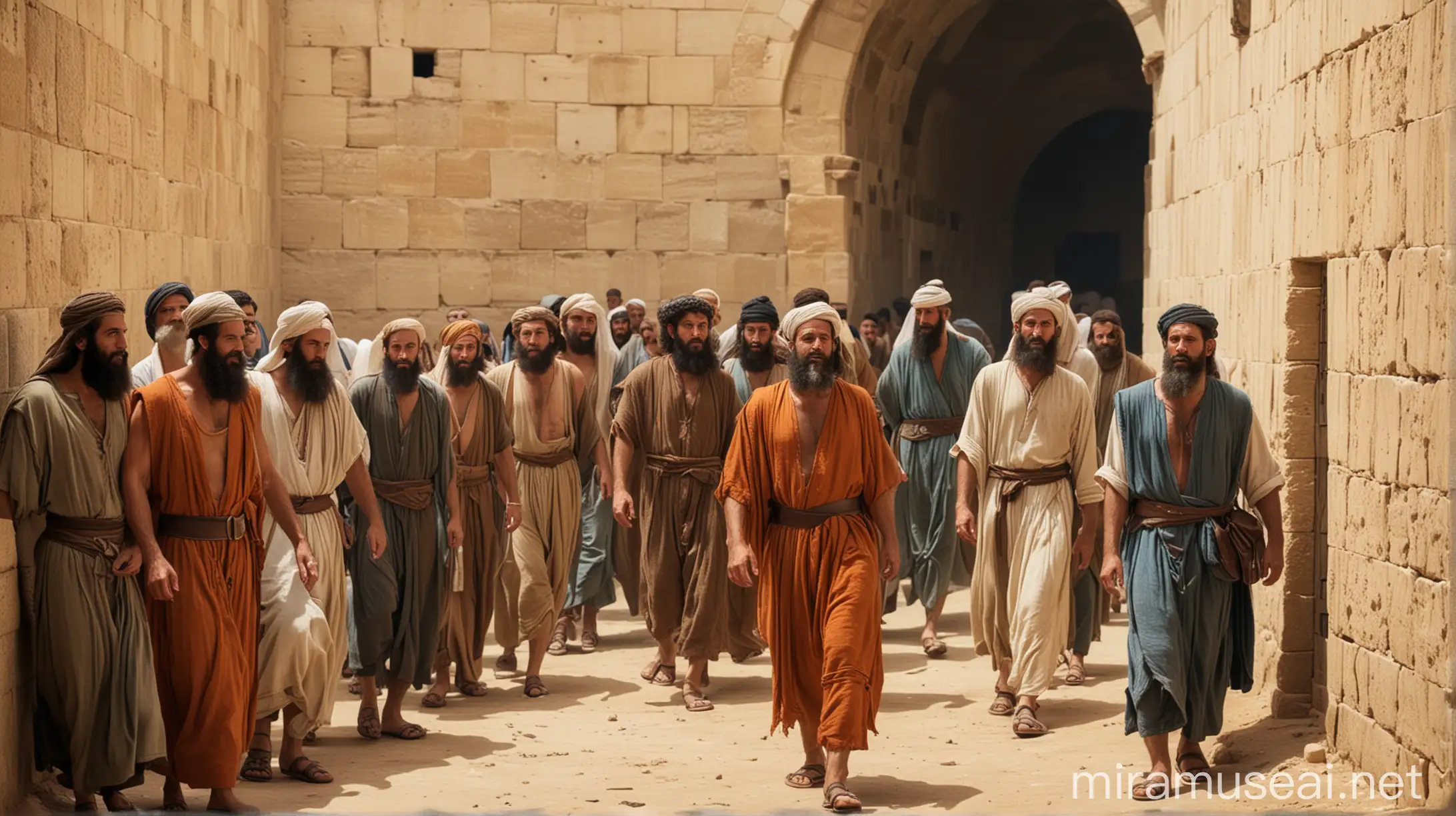about 8 jewish men in a prison the Middle East, during the biblical era of Moses