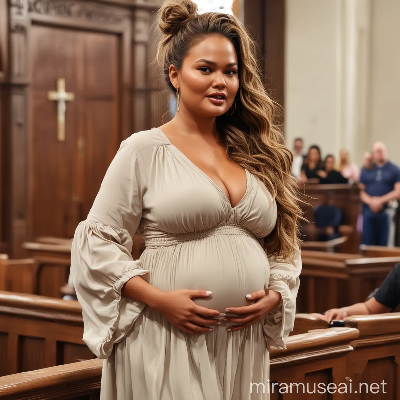 Chrissy Teigen Pregnant Church Fashion Big Belly and Stunning Cleavage Display