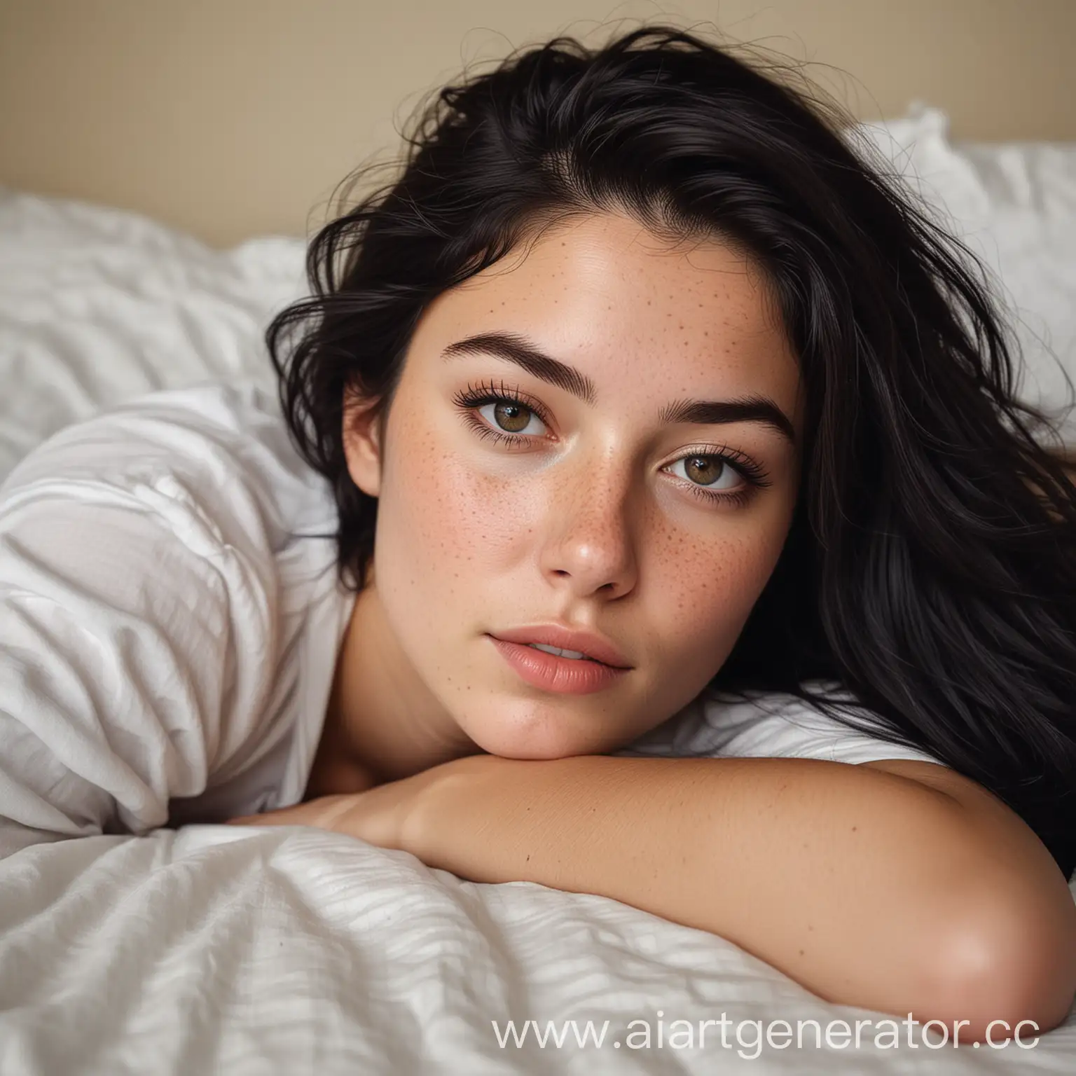 A highly detailed, realistic selfie taken by a girl with black hair and subtle freckles, lying on her bed. The photo highlights her face, upper body, and the cozy bed setting, all in a bright and intimate atmosphere. Created Using: precision photography, intense detail capture, luminous lighting, personal and intimate angle, realistic hair and skin textures, comfortable bed setting --ar 9:16 --v 6.0