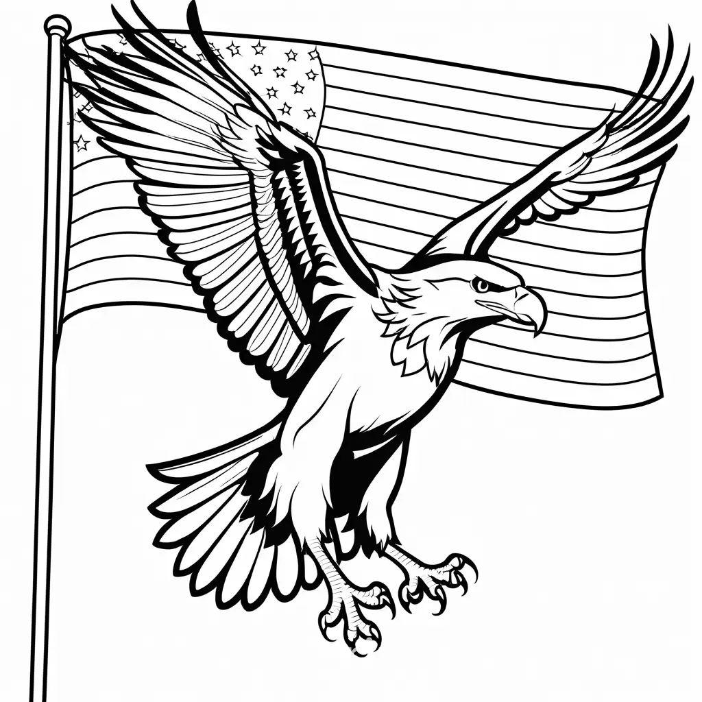 Outline of a smiling bald eagle, with a small American flag, for kids, black and white, Coloring Page, black and white, line art, white background, Simplicity, Ample White Space. The background of the coloring page is plain white to make it easy for young children to color within the lines. The outlines of all the subjects are easy to distinguish, making it simple for kids to color without too much difficulty