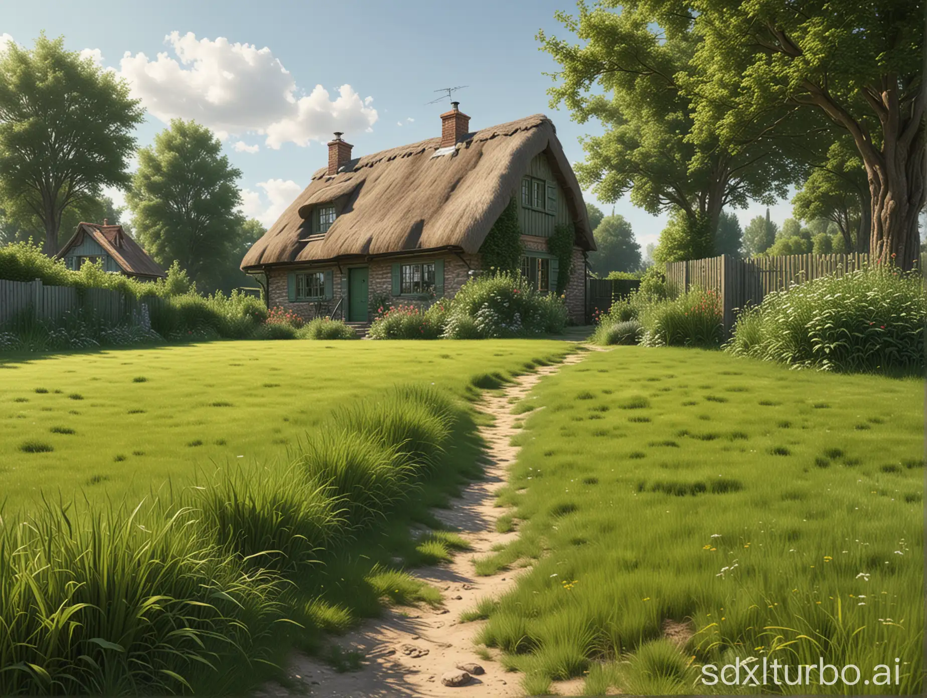 Sunny-Day-Cottage-Surrounded-by-Lush-Greenery-Realistic-High-Detail-Landscape
