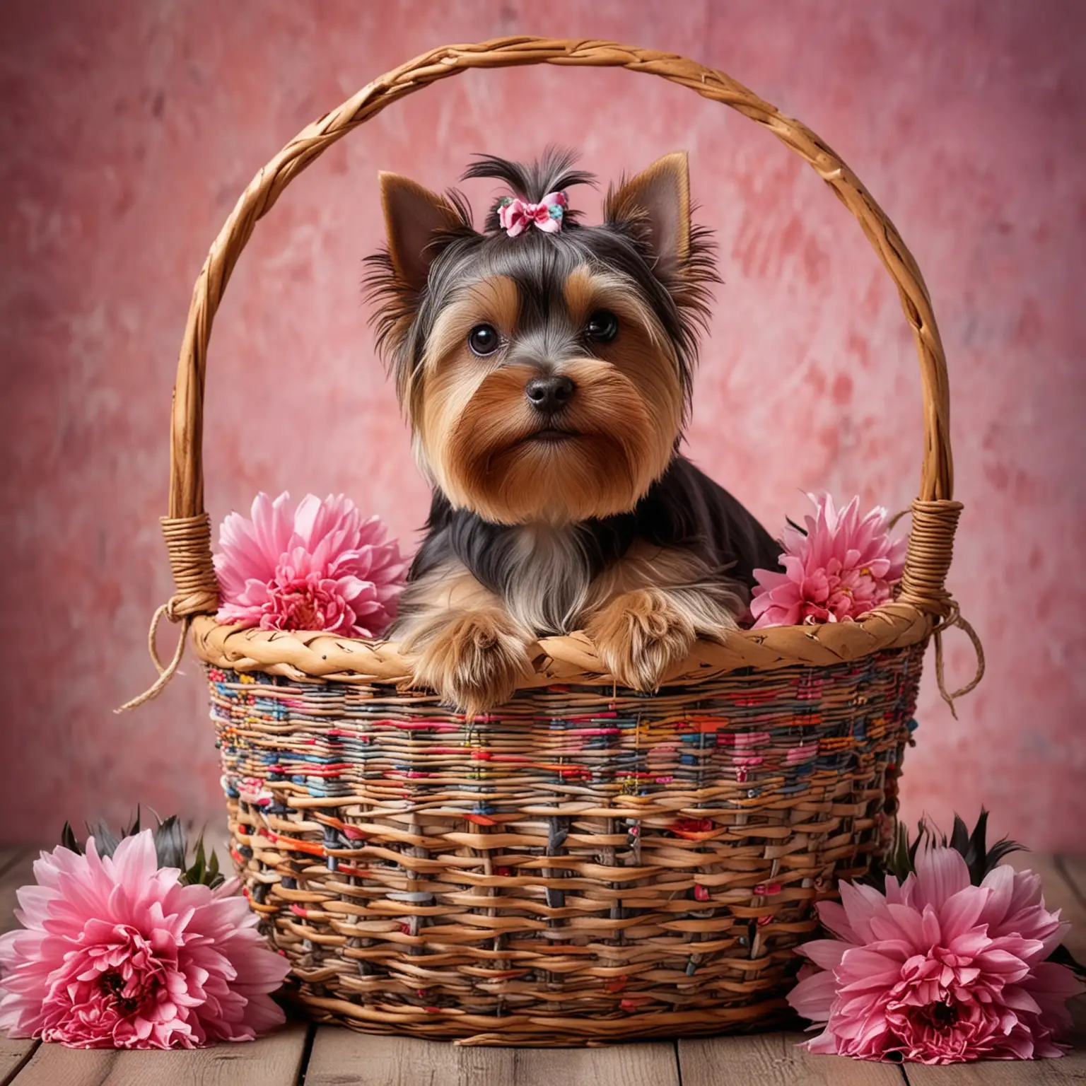 image of a beautifully groomed Yorkshire Terrier sitting in a beautiful decorated basket, have a beautiful natural colorful background, have only one dog in the basket