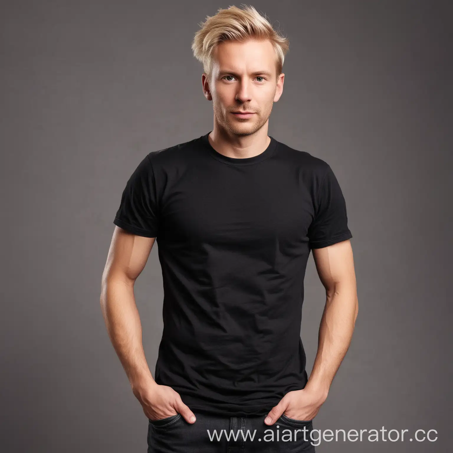 FairHaired-Man-in-Black-TShirt-on-Gray-Background