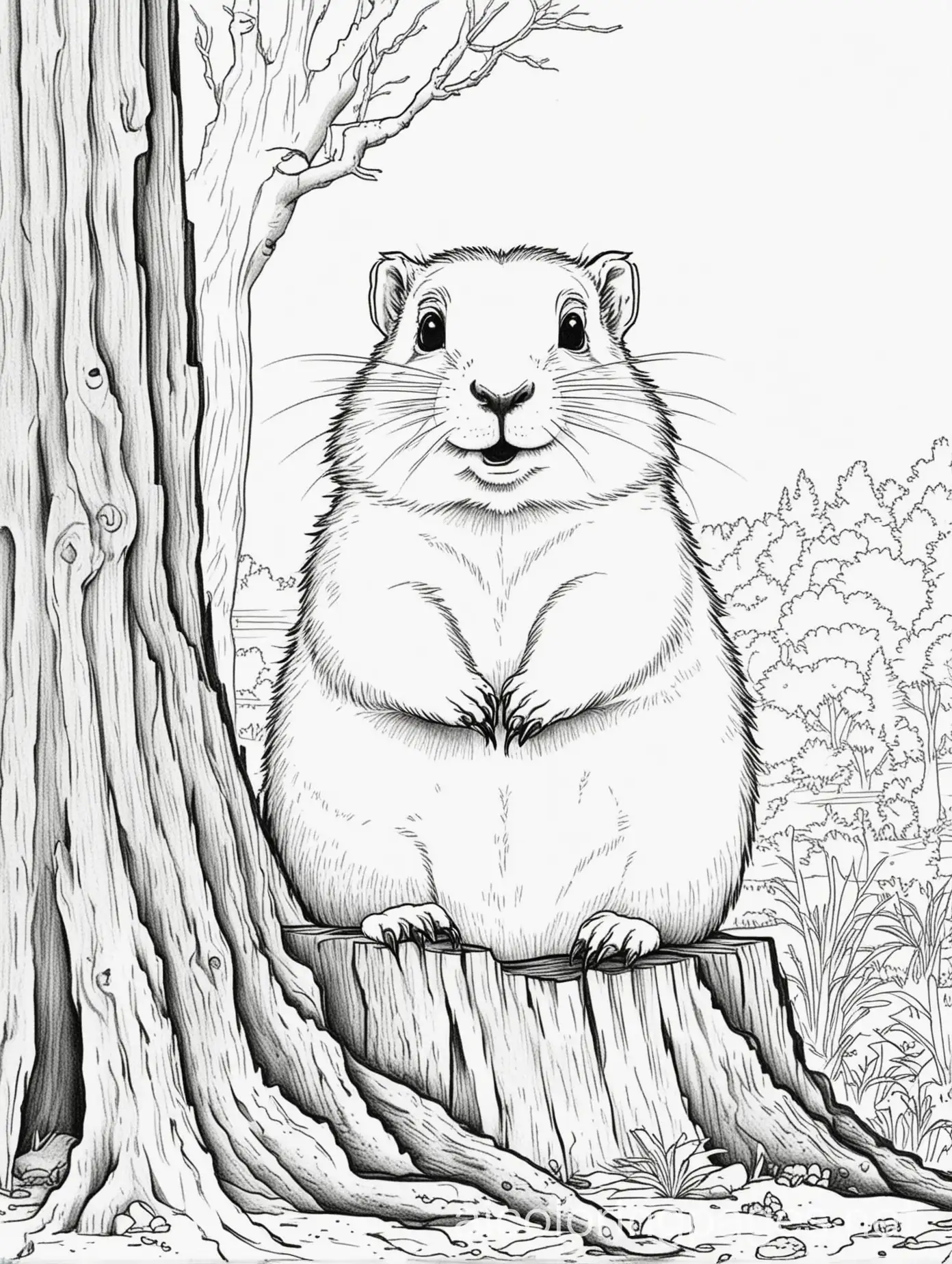 A groundhog peeking out from behind a tree stump, Coloring Page, black and white, line art, white background, Simplicity, Ample White Space. The background of the coloring page is plain white to make it easy for young children to color within the lines. The outlines of all the subjects are easy to distinguish, making it simple for kids to color without too much difficulty, Coloring Page, black and white, line art, white background, Simplicity, Ample White Space. The background of the coloring page is plain white to make it easy for young children to color within the lines. The outlines of all the subjects are easy to distinguish, making it simple for kids to color without too much difficulty