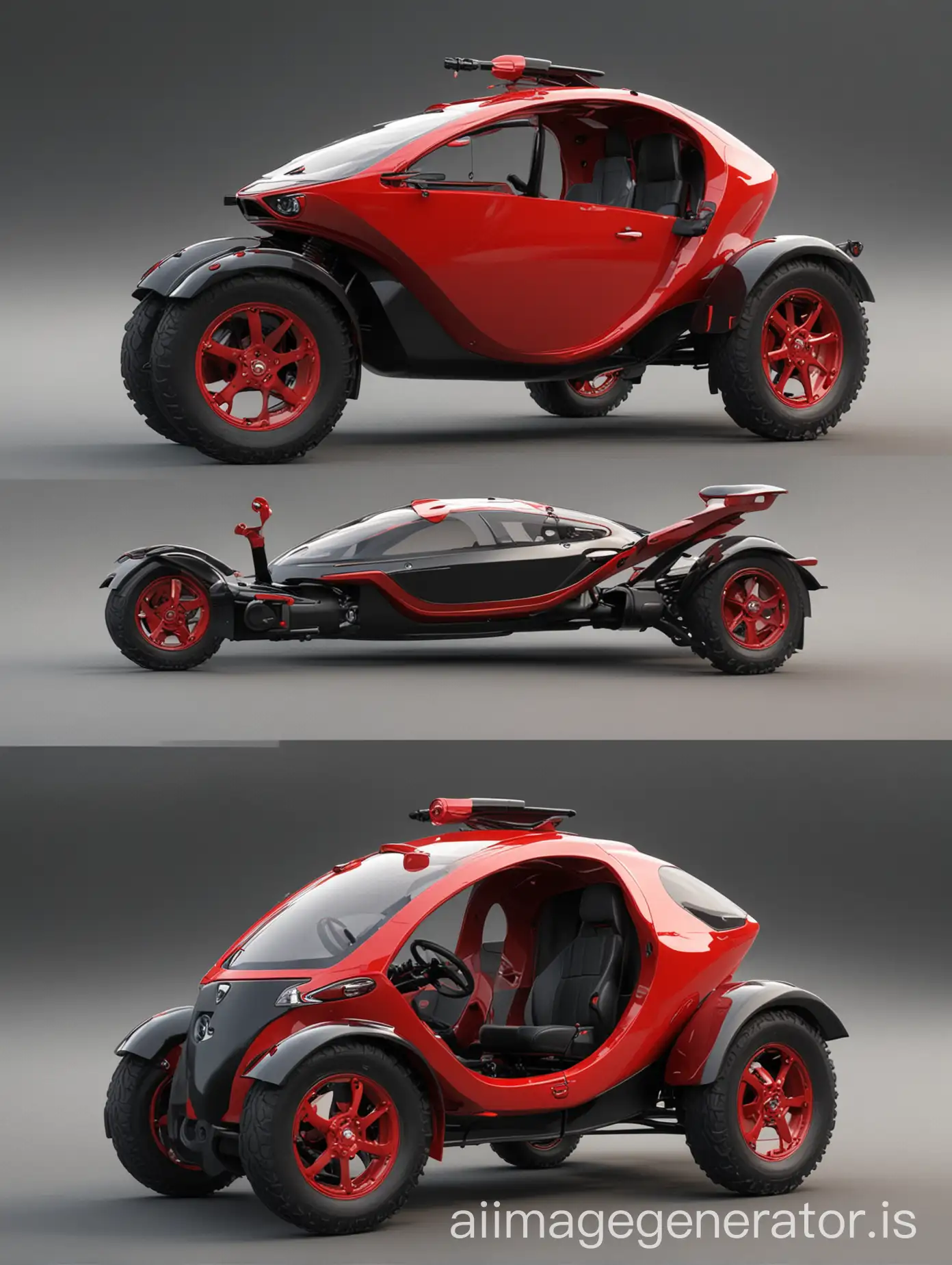 Design, tricycle car, with roof, with rowbar, small, cute, modern, futuristic innovation, unique, unique, black, red, safety system, seat belt, strong structure, military standard ,