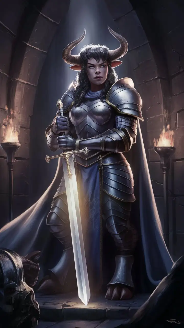 Female Minotaur Paladin in Armor and Sword Pose