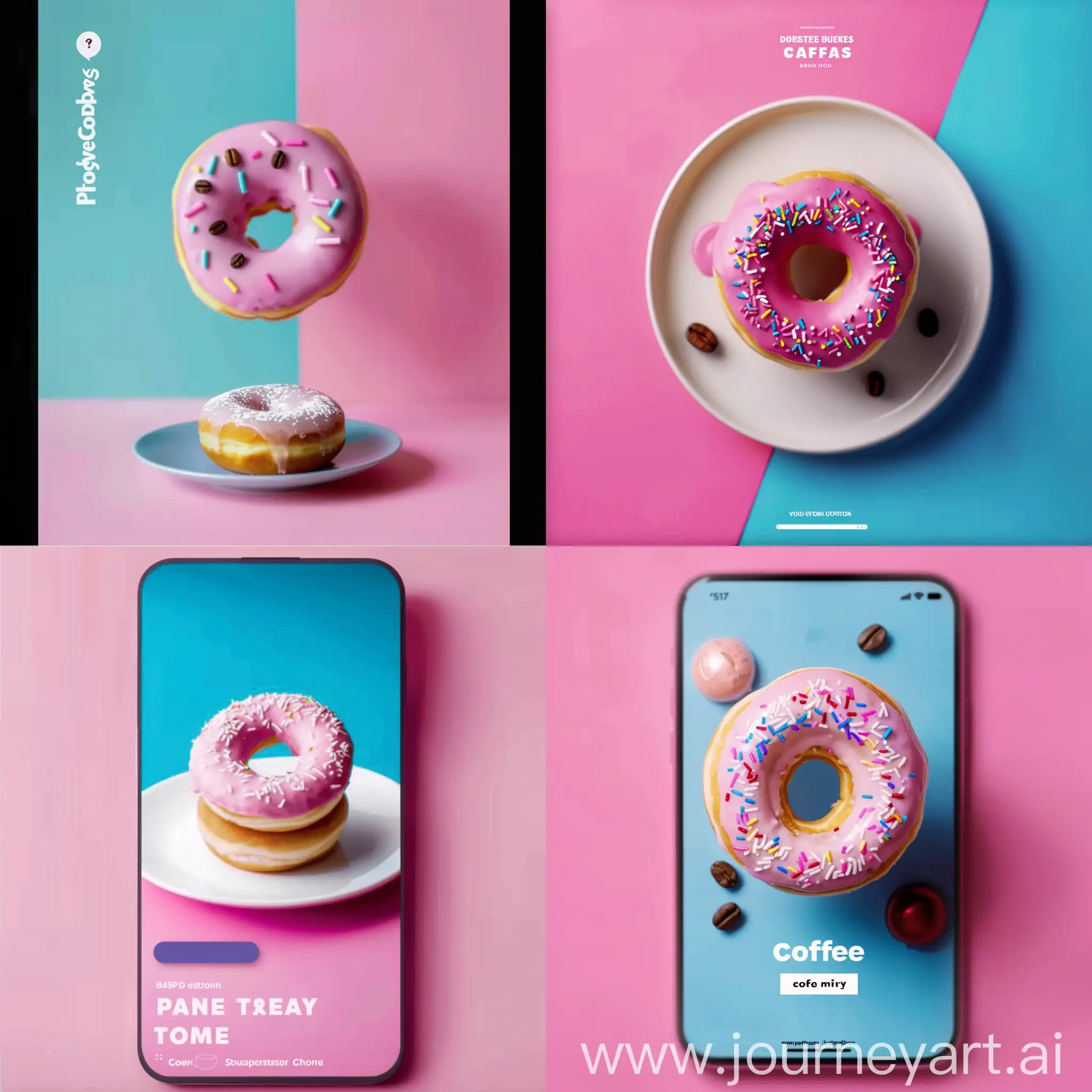 make a similar image without text, for a coffee shop application, with coffee and donuts and other pastries, let it be minimalistic and using pink and blue colors, the background in the same color, pink or blue, studio light