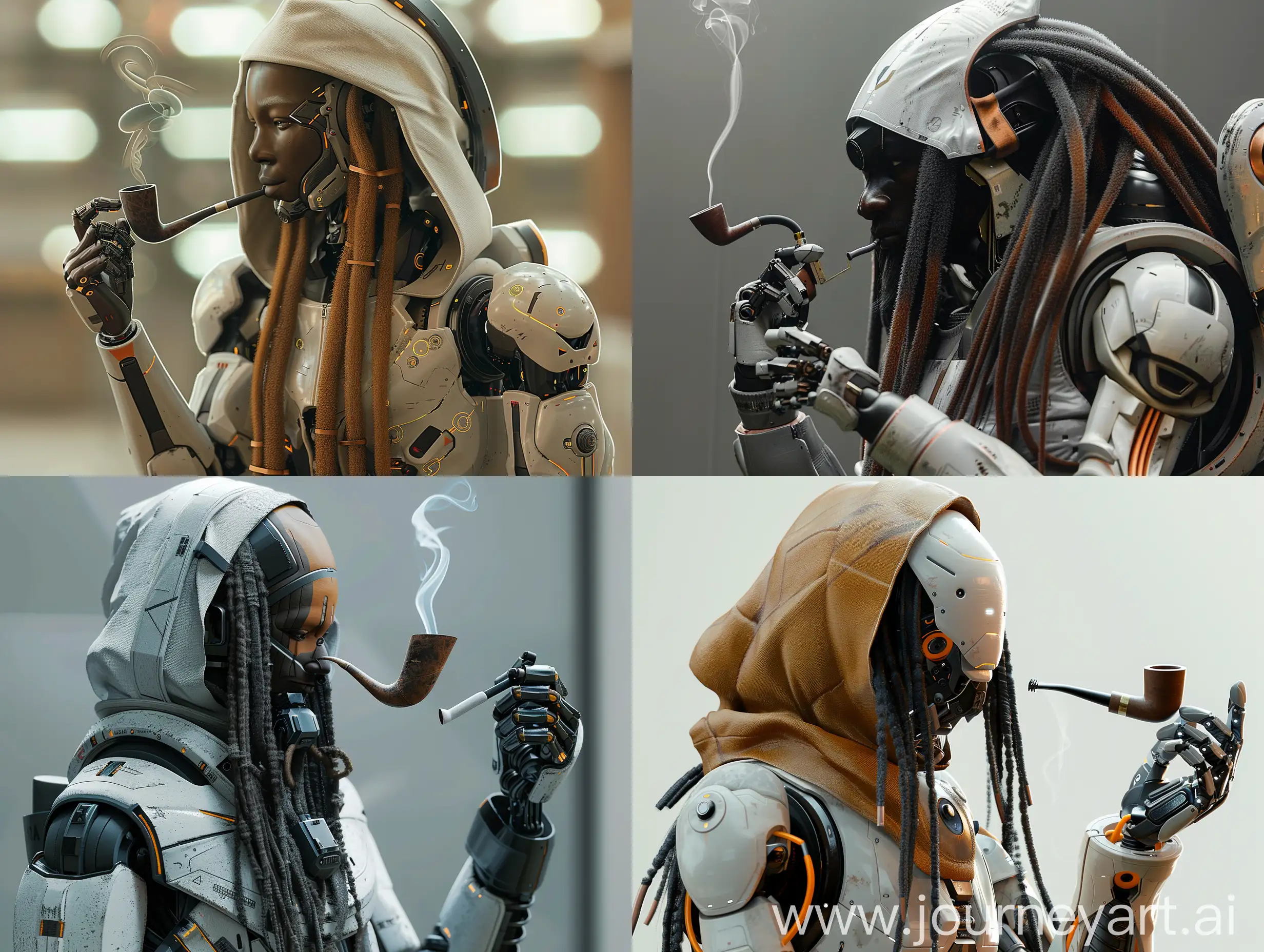 a robot with a long hair and a hood on it's head and a pipe in his hand, unreal engine 5, afrofuturism, Cedric Seaut (Keos Masons), concept art