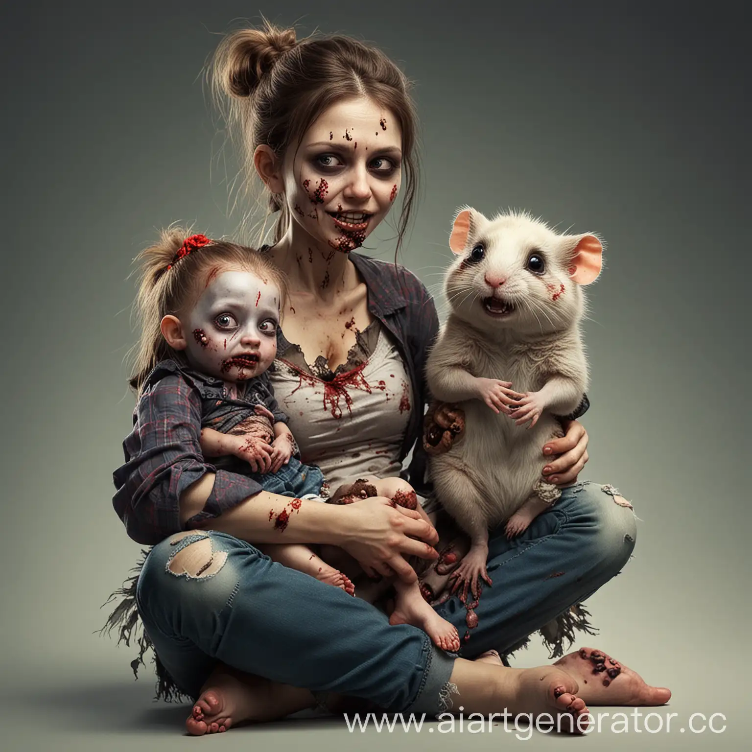 Семья зомби. Ребенок-зомби сидит на ноге матери и держит зомби-труп хомяка. Они все радуются. Рядом стоит отец-зомби. Он в ужасом держит сына за плечи. У него нет челюсти 