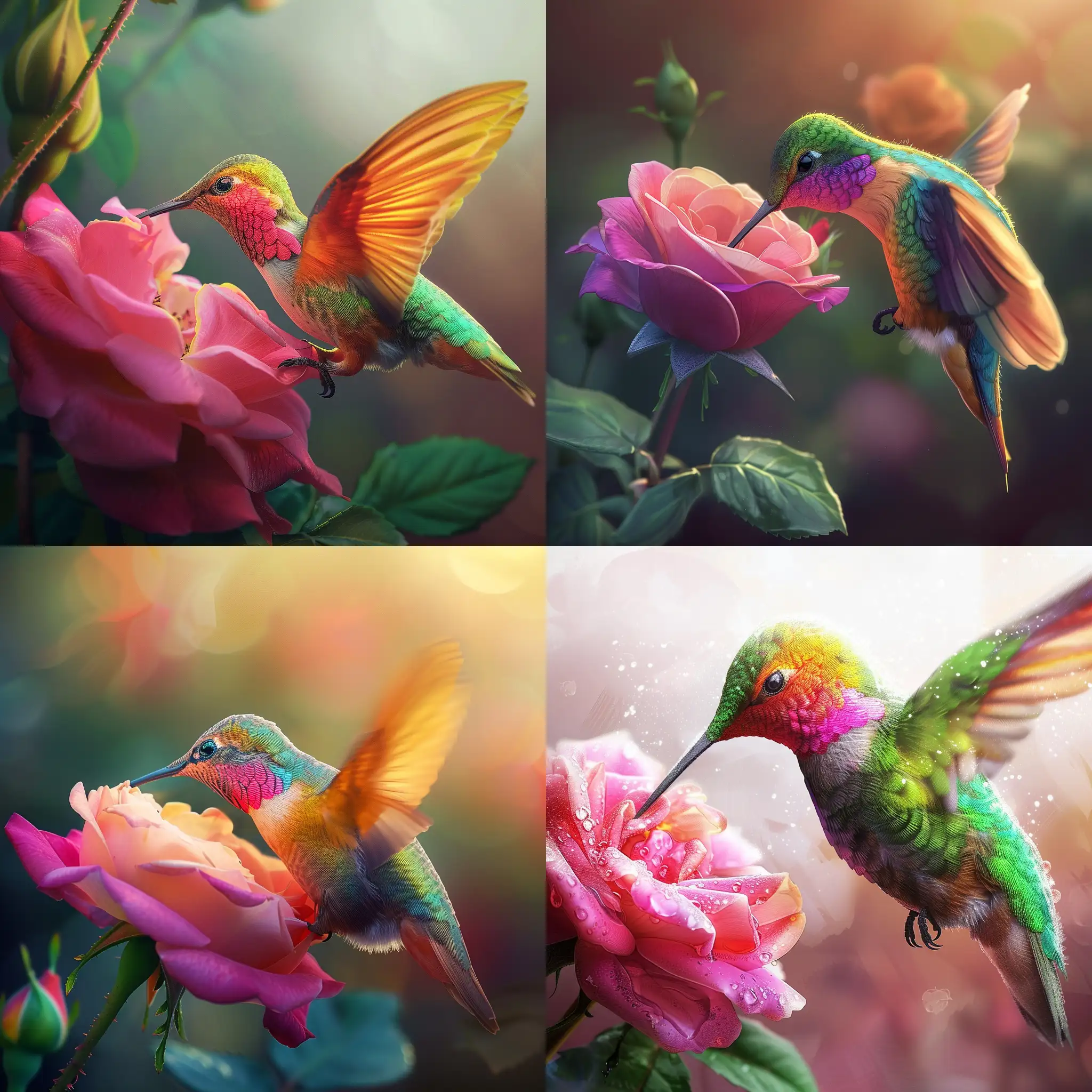 happy, brightly colored hummingbird, eating from a pink rose. this is in the style of a pixar movie