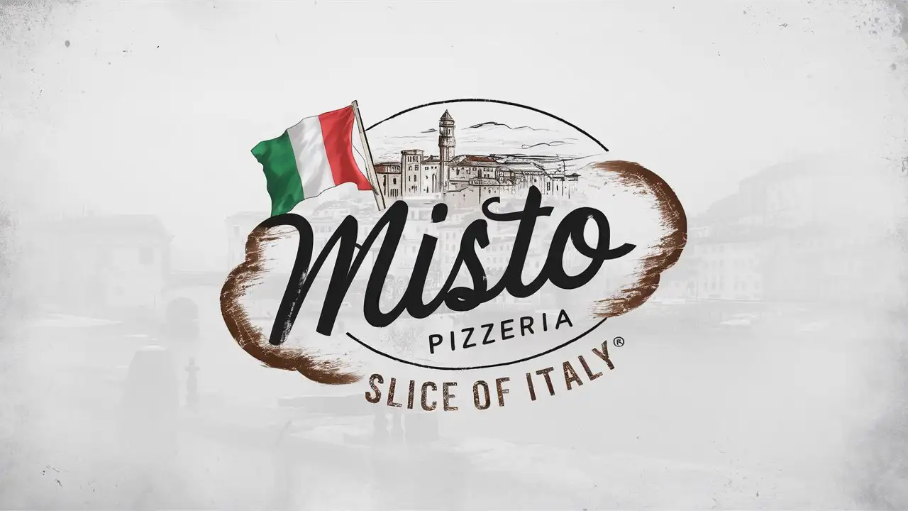 Misto Pizzeria , Letter mark , Minimal , Edge decoration, Italian colors, EST 2024 , Italy flag , Vintage, Slogan, Slice of Italy, Sketched Italian City, Old School, Classic, White back ground, Foggy atmosphere, Rustic