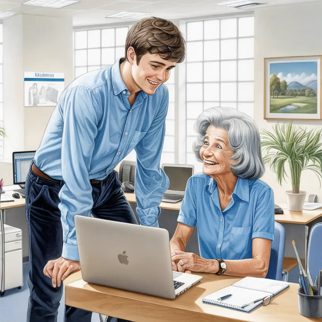 Idyllisk billede. En ung mand i begyndelsen af 20èrne sidder på et kontor. 
Han har en blå skjorte på og blåbukser på.

En ældre kvinde i 60èrne. Smiler mens hun ser på den ungemand. kvinden har en bærbar foran sig. Kvinden har en sort bluse på. Kors på vægen

