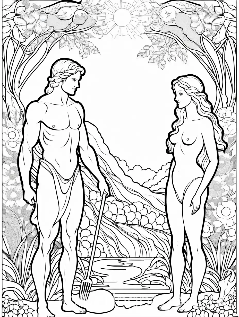 Adam and Eve in the Garden - Genesis 2:4-3:24
 Coloring page, Coloring Page, black and white, line art, white background, Simplicity, Ample White Space. The background of the coloring page is plain white to make it easy for young children to color within the lines. The outlines of all the subjects are easy to distinguish, making it simple for kids to color without too much difficulty