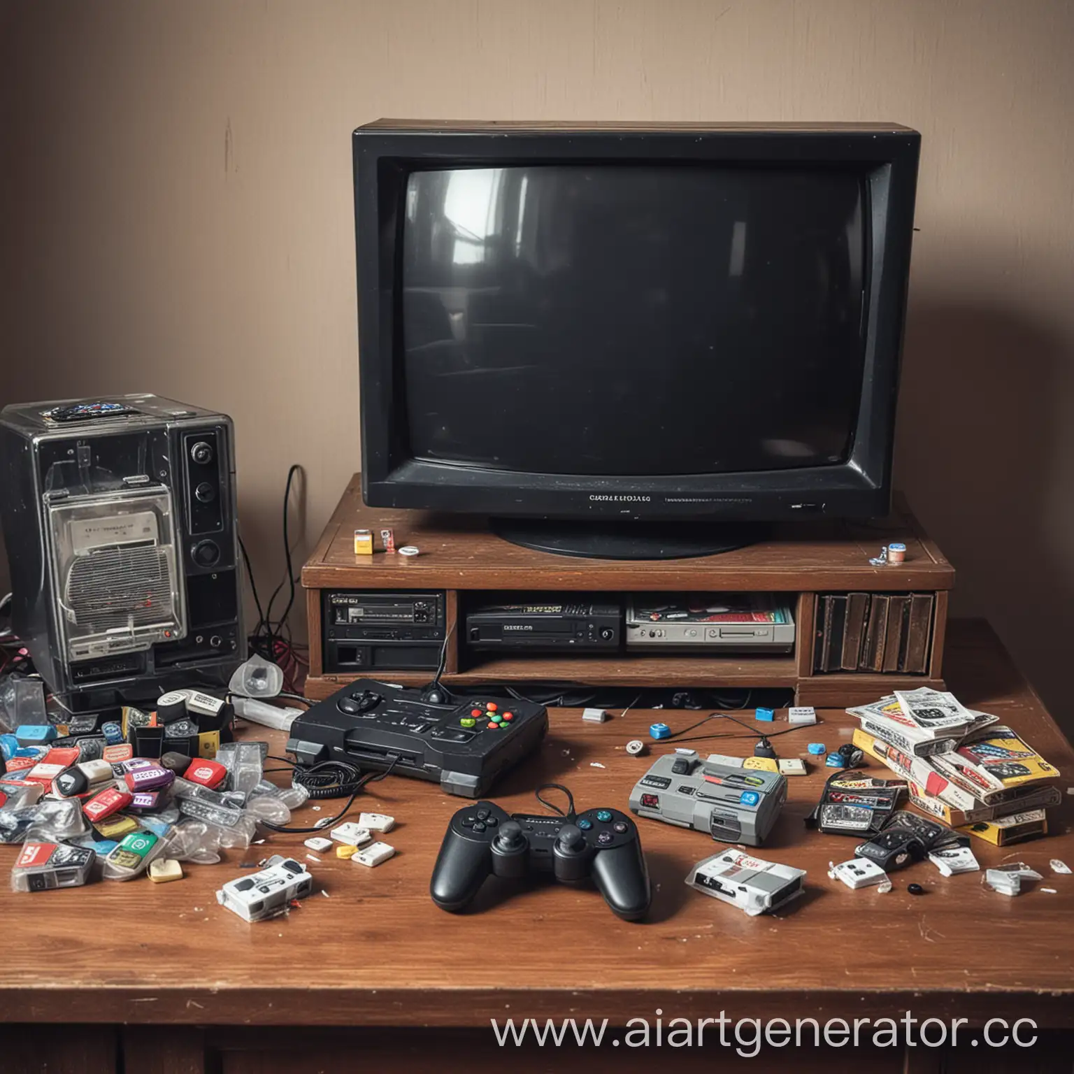 Gamers-Setup-with-Joystick-Console-and-Old-Television