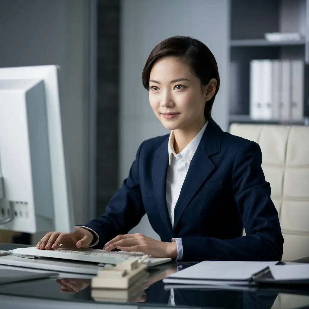 In the office, a beautiful young Asian professional woman sits at her desk, smart, beautiful, generous and focused on her work on the computer. She was dressed in formal business clothes and her hair was neatly combed. And uses a variety of office software and tools to accomplish her tasks. The whole scene is full of professional, efficient and positive atmosphere