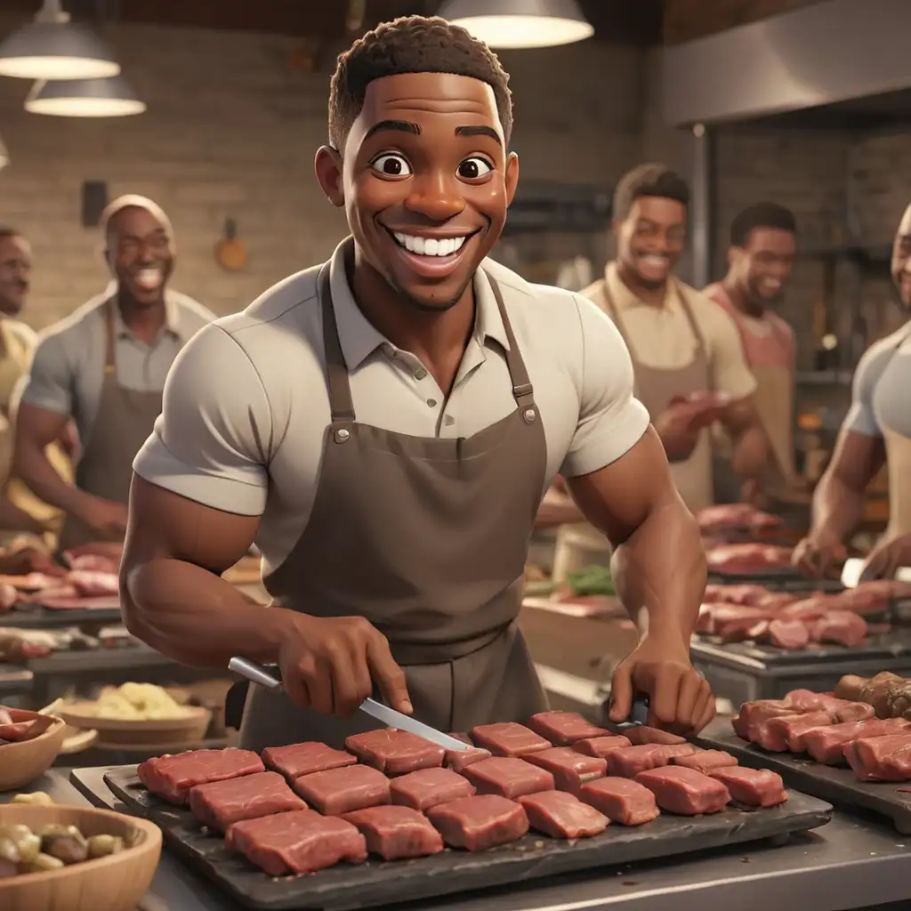 defined 3D Cartoon-style African American men preparing meat
smiling