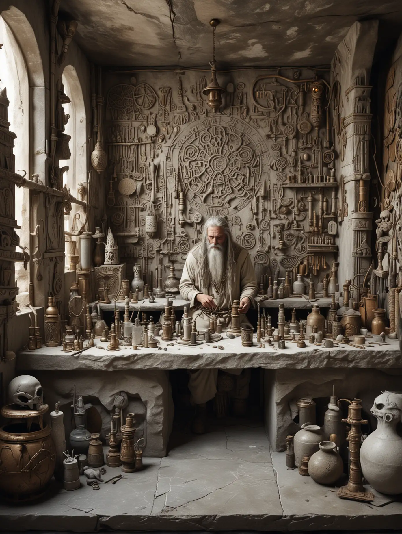 Inside an ancient white stone alchemical laboratory with bronze and glass distillation instruments, carved walls with eerie symbols, a far sitting viking shaman with long gray hair   highly detailed,high precision,focus on textures, hyper realistic,bright