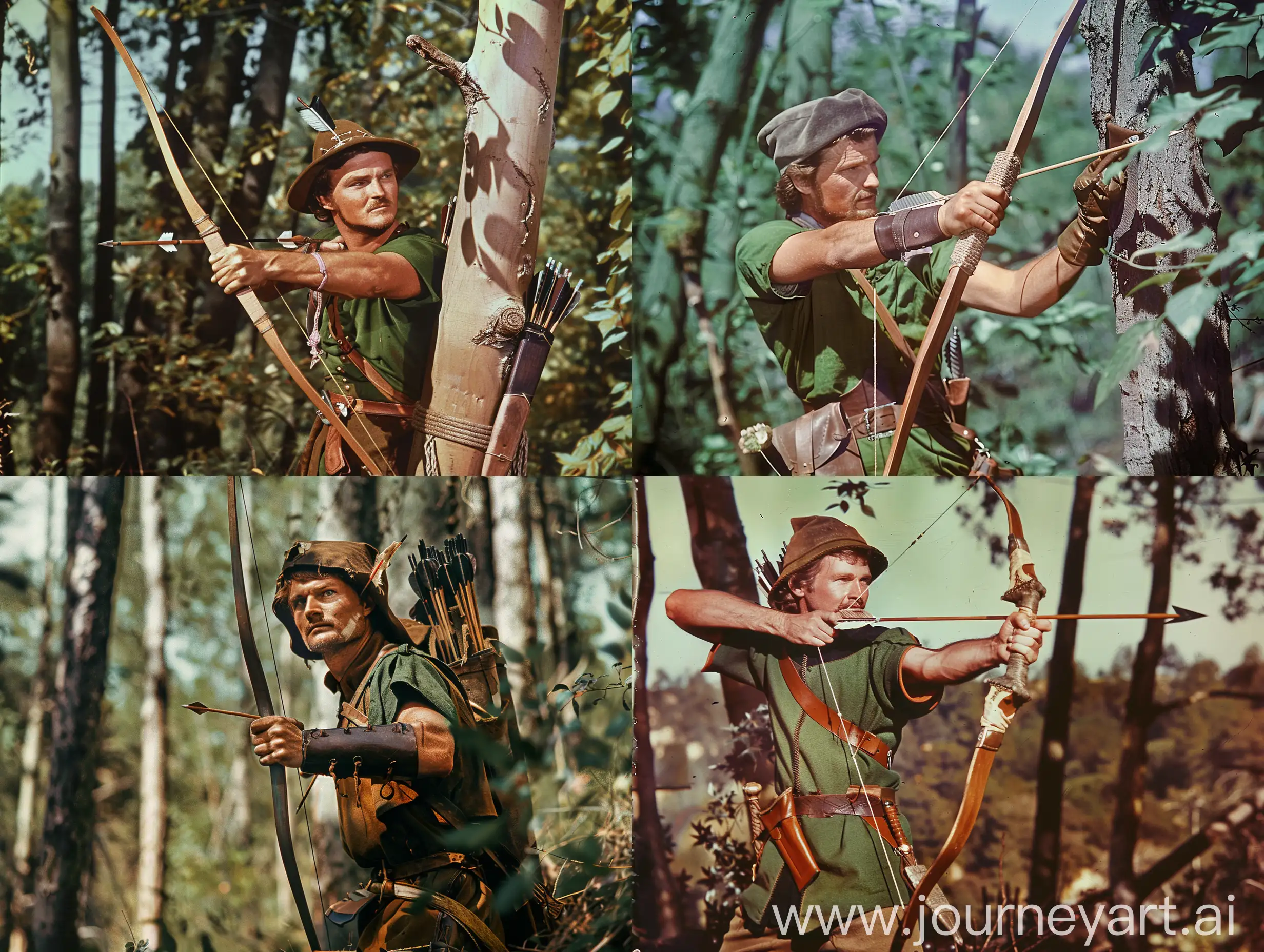 A hunter man dressed like Robin Hood is searching the forest with a knife and a bow and arrow,1950's Superpanavision 70, vintage color

