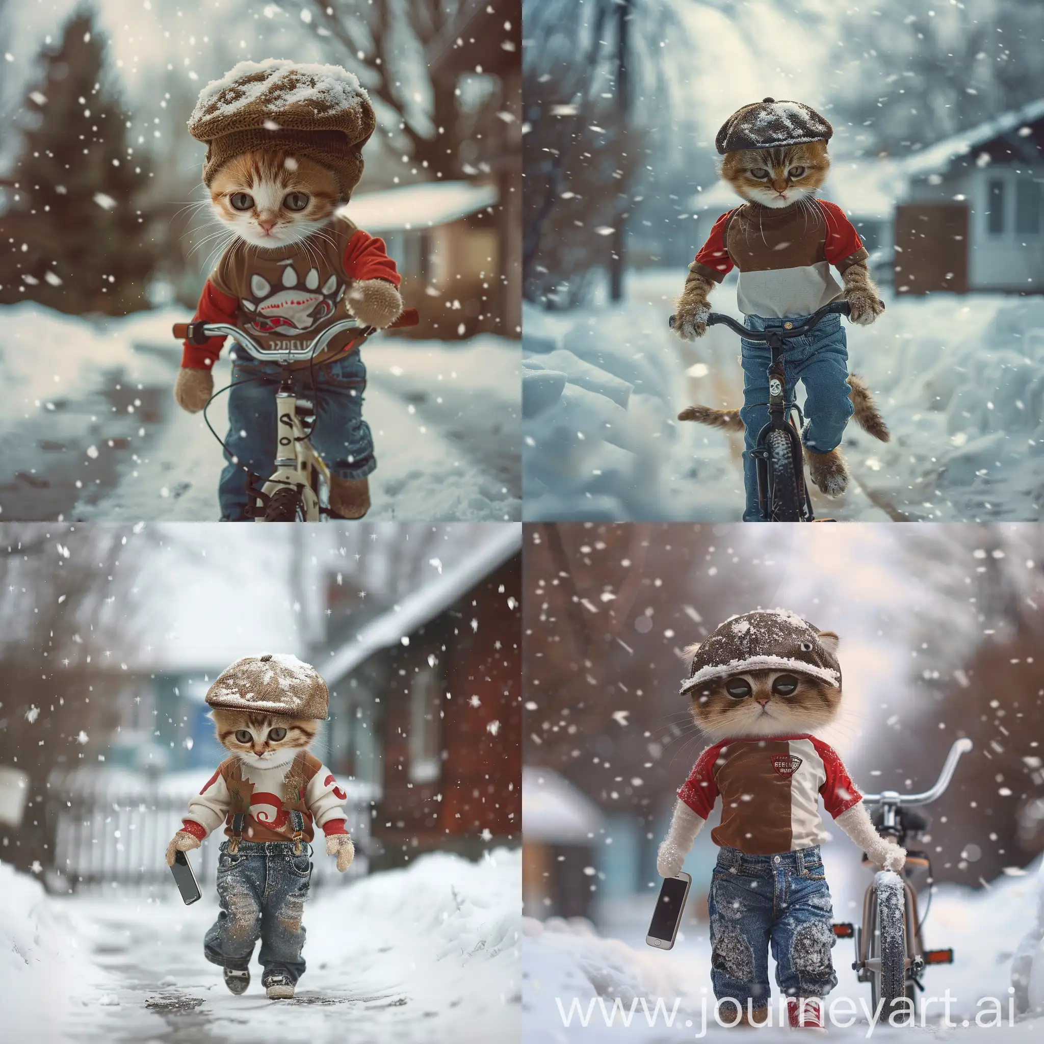 full-length view of a cute sad humanized kitten dressed in a brown and red and white T-shirt and jeans, cap,  phone, walk under the falling snow on a parent's house, snowfall, snowdrifts.  Ride a bike