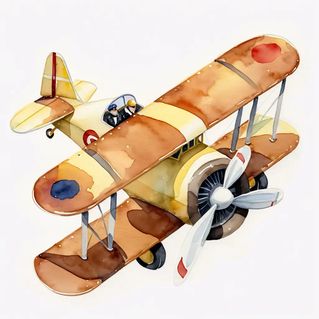 generate a hand painted watercolour plane. the plane should be pale yellow. there is a bride and groom in the cockpit.
