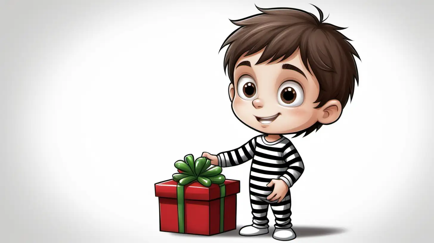 cartoon brown hair  boy with brown eyes in stripped black and white  pj's  picking up a Christmas gift
