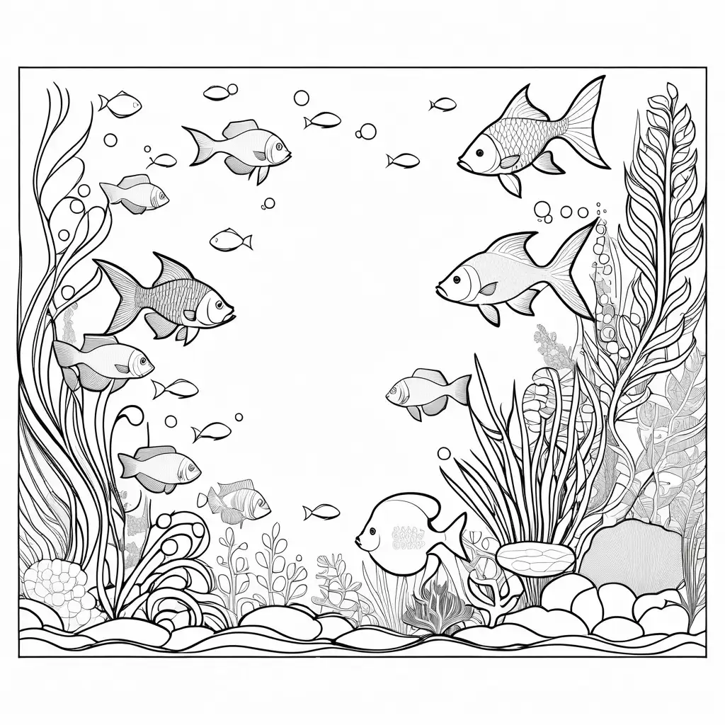 Scenes of underwater worlds with mermaids, fish, and coral reefs, Coloring Page, black and white, bold thick marker line, white background, white space at the bottom, Simplicity, Ample White Space. The background of the coloring page is plain white to make it easy for young children to color within the lines. The outlines of all the subjects are easy to distinguish, making it simple for kids to color without too much difficulty, Coloring Page, black and white, line art, white background, Simplicity, Ample White Space. The background of the coloring page is plain white. The outlines of all the subjects are easy to distinguish, making it simple for kids to color without too much difficulty, Coloring Page, black and white, line art, white background, Simplicity, Ample White Space. The background of the coloring page is plain white to make it easy for young children to color within the lines. The outlines of all the subjects are easy to distinguish, making it simple for kids to color without too much difficulty