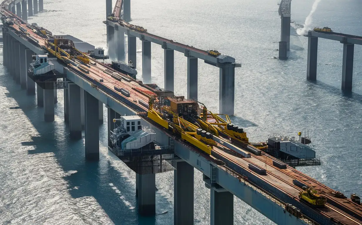 a real high huge mega and wide cargo  rail line being constructed over the sea, using very advanced machines during the day
