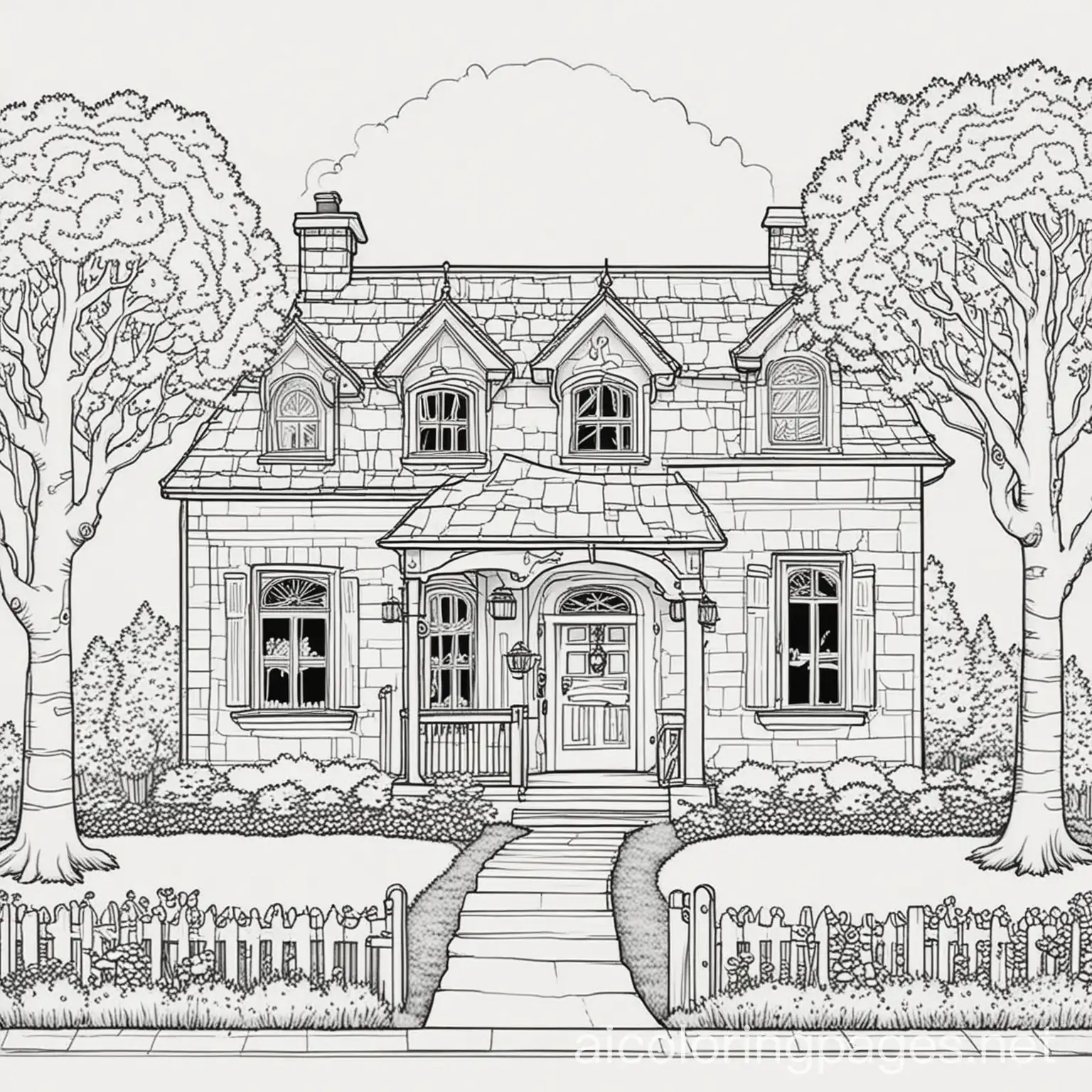 cute big house, line art colouring book pages , Coloring Page, black and white, line art, white background, Simplicity, Ample White Space. The background of the coloring page is plain white to make it easy for young children to color within the lines. The outlines of all the subjects are easy to distinguish, making it simple for kids to color without too much difficulty