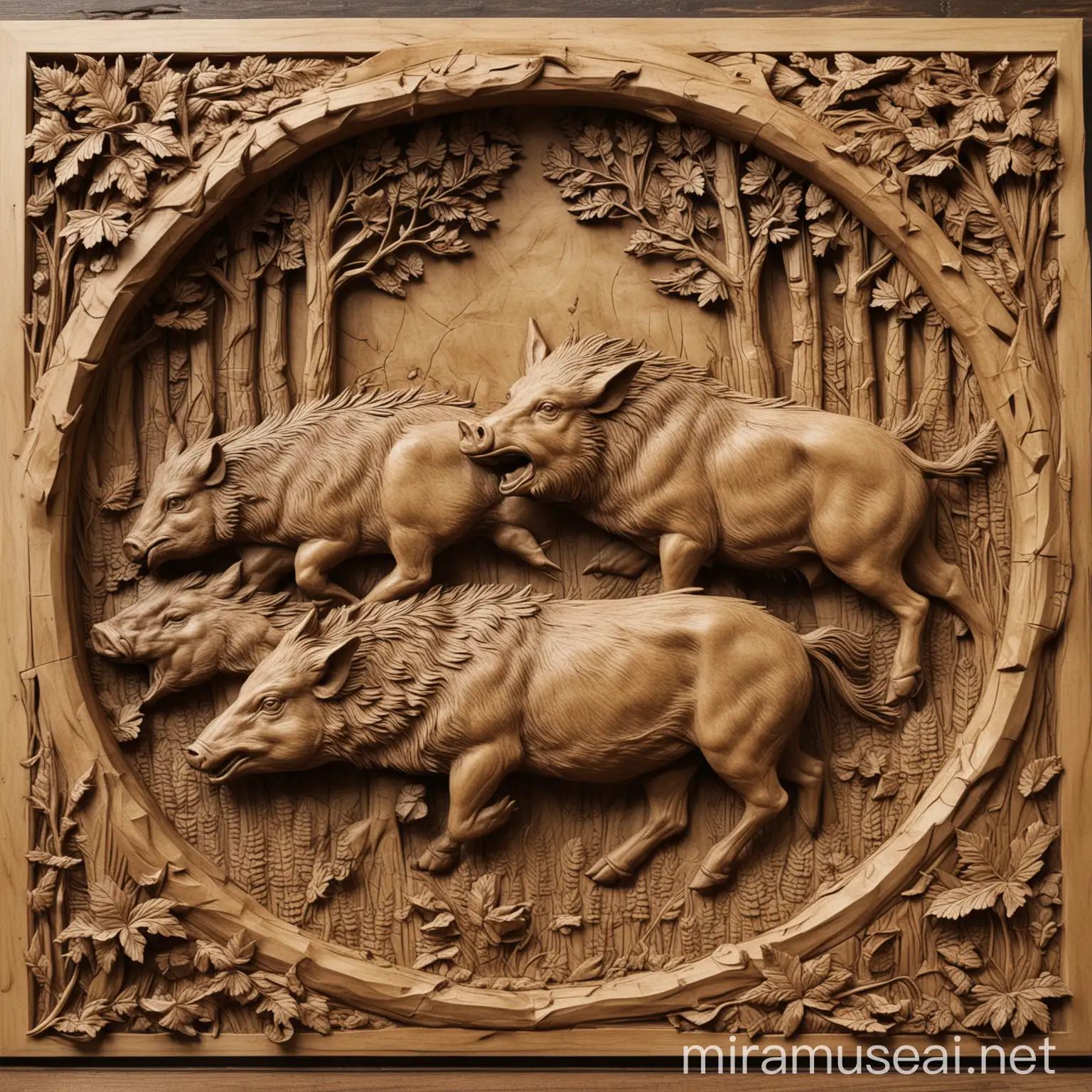 bas relief of boar hunting for cnc carving