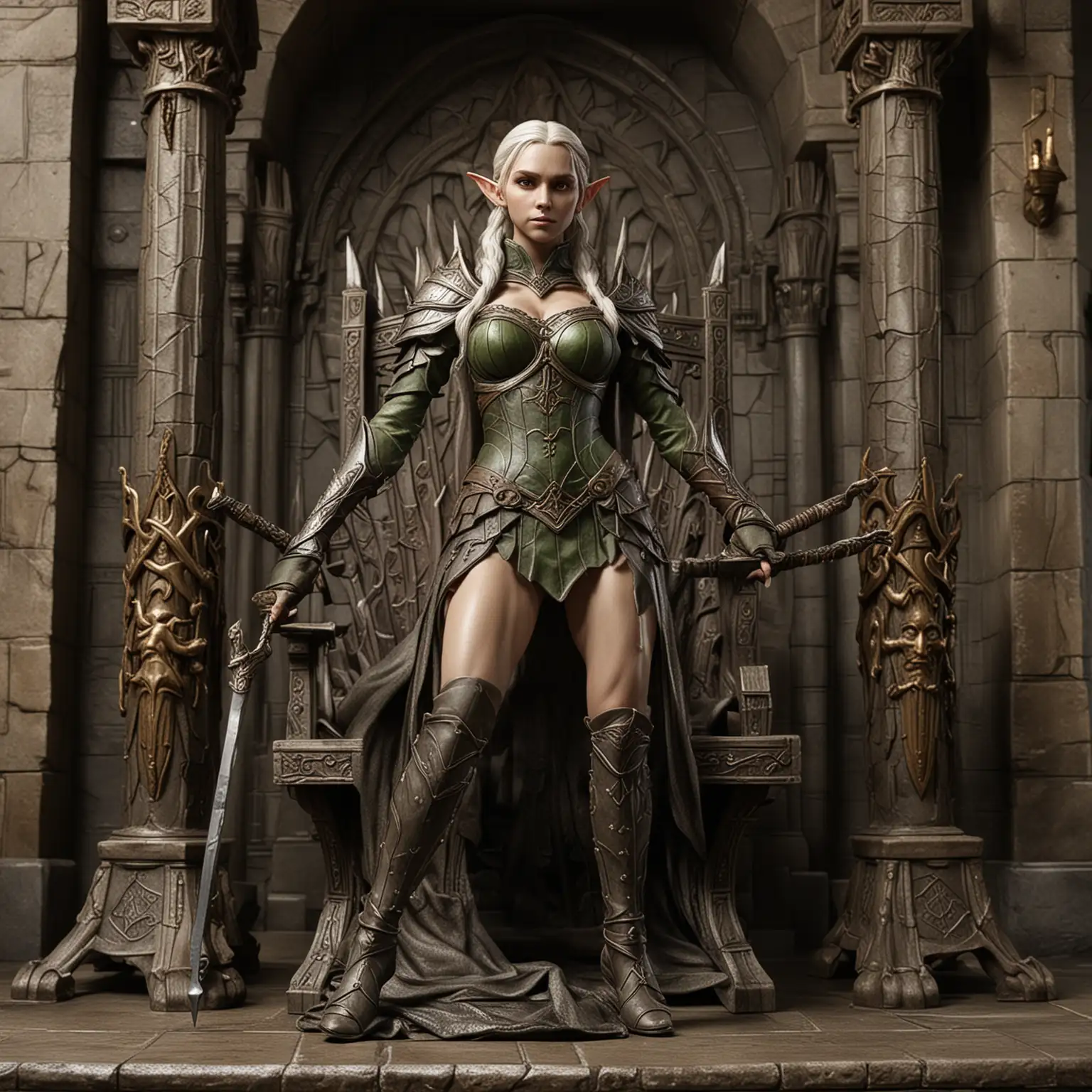 Statue of Female Elf Warrior with Dual Shortswords