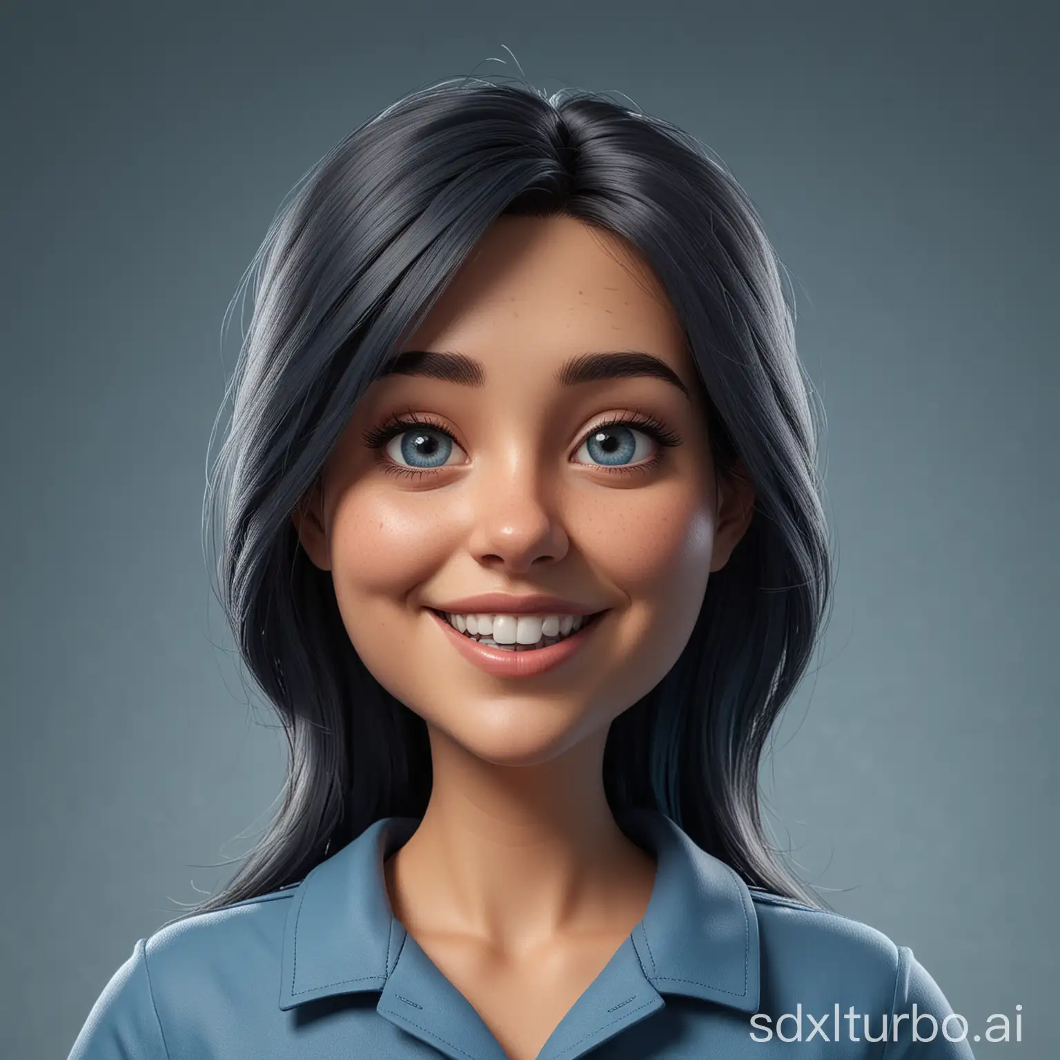 Create a realistic caricature 3D cartoon style full body with a large head. Fat and short body, a 23 year old woman. Long shagy hair, oval face shape, chubby, droopy eyes, flat nose, smile with an open mouth. Wearing a blue uniform. Face angle 2/3. Gray color background. Use soft photography lighting, uhd, hd, 20k. Hyperrealistic, intricate details, color depth, dramatic, side light, blue gradient colorful background.