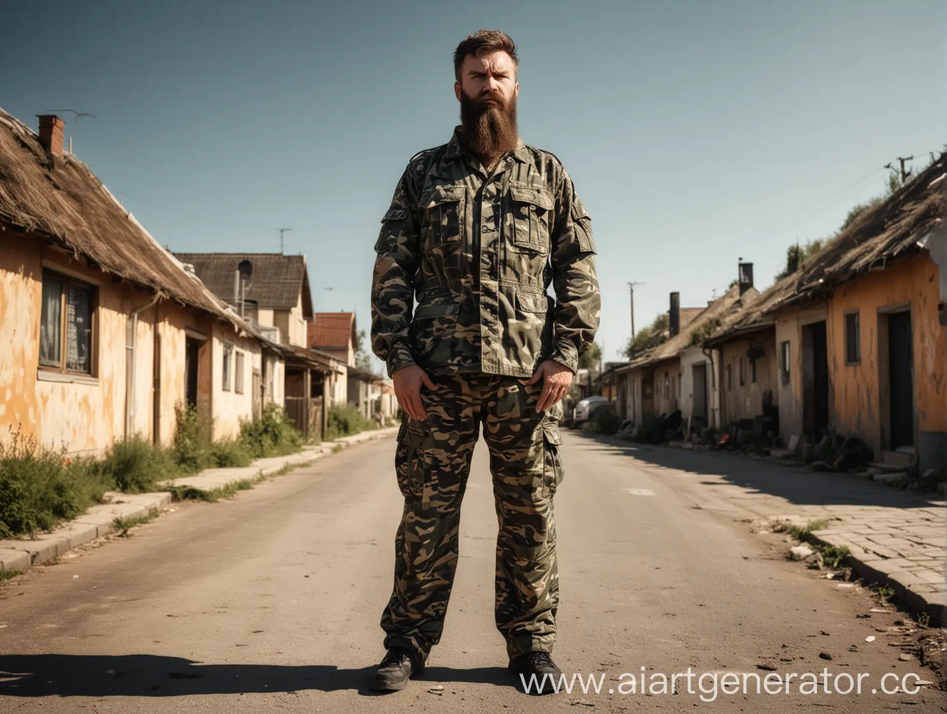 Angry-Bearded-Man-in-Camouflage-Suit-Standing-in-Village-Under-Hot-Sun