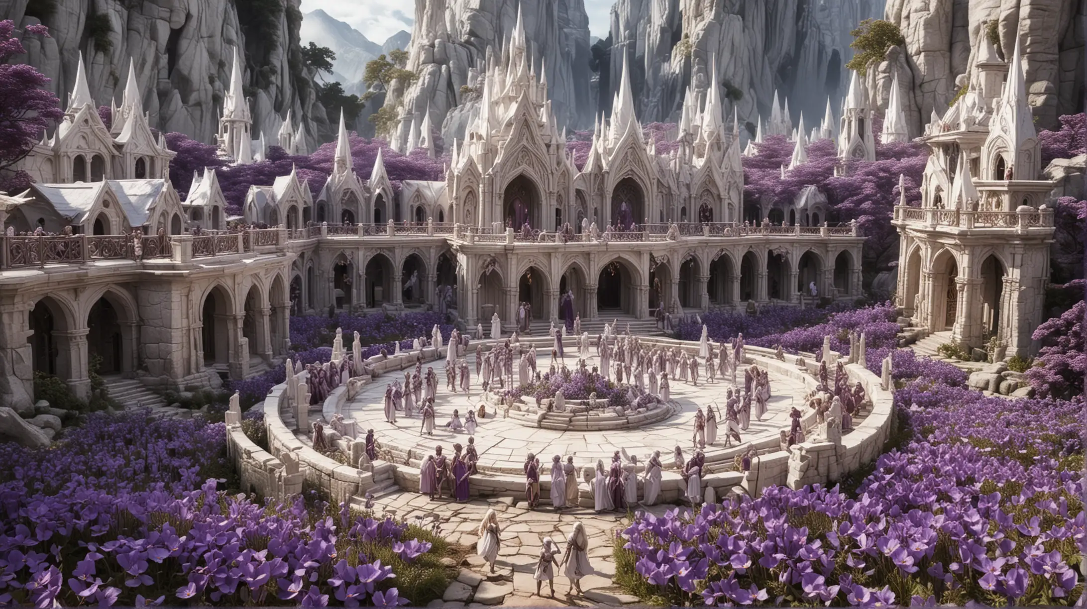 A gathering of violet-skinned elves in an elaborate white stone elven city.