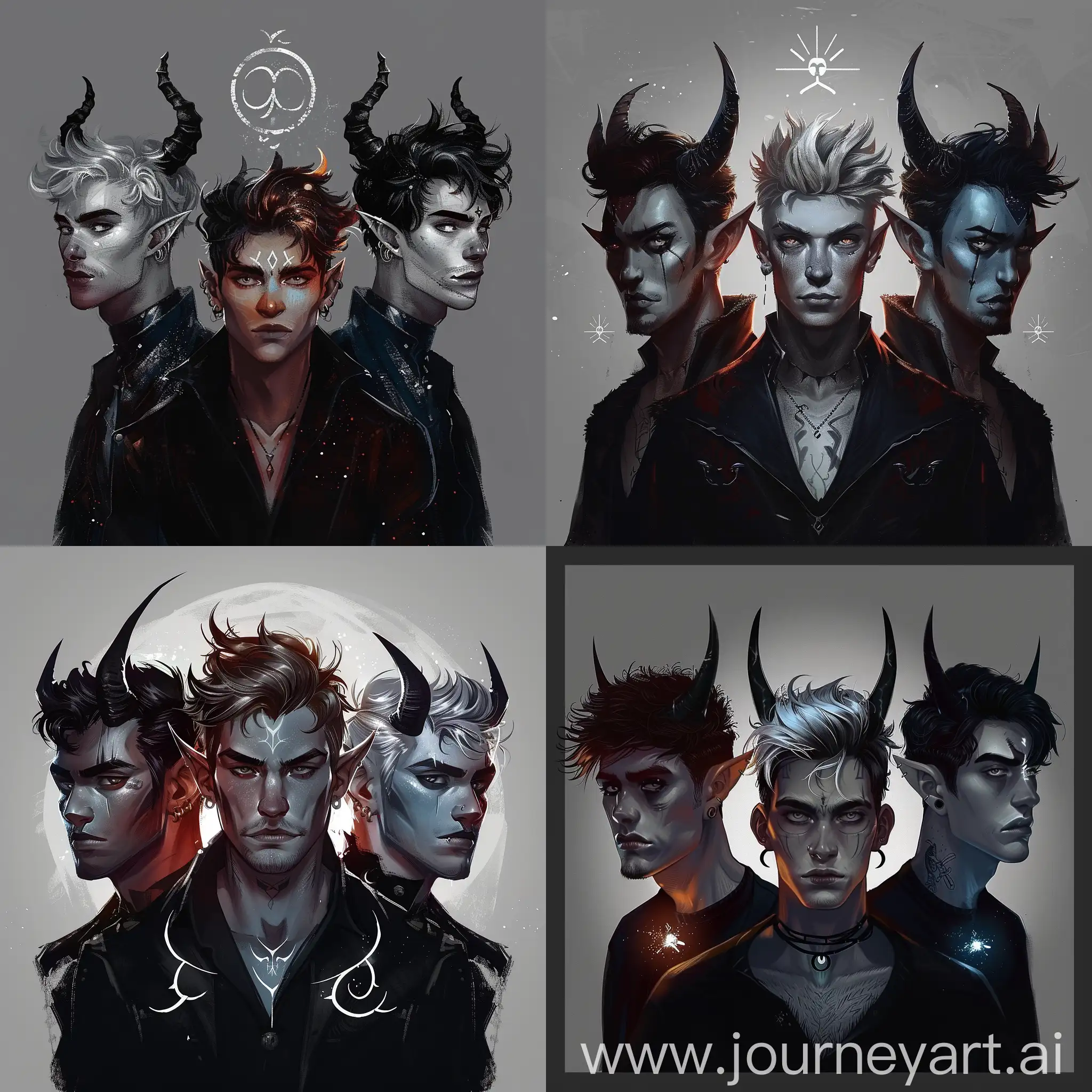 Can you make me three men stnading side by side. can you make them look semi realistic. Can you make sure they each have a diffrent hair style. give them pointed ears and horns