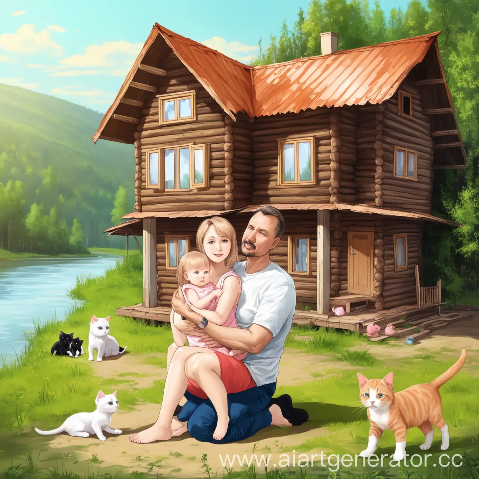 Дом возле реки Ангары папа мама младенец-девочка, собачка и кошечка